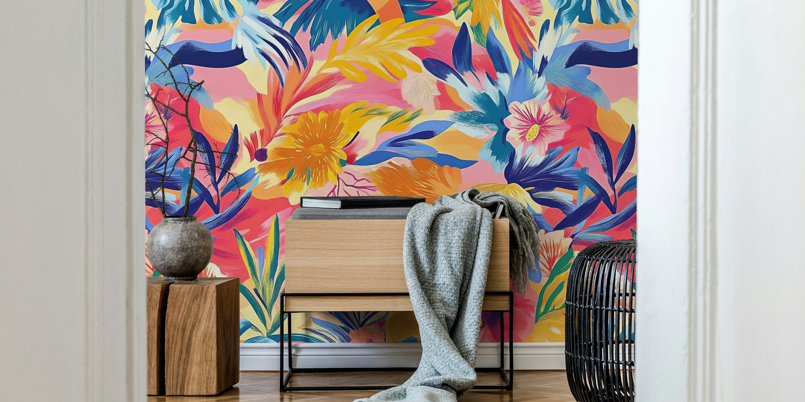 Colorful floral pattern with tropical leaves and flowers wallpaper