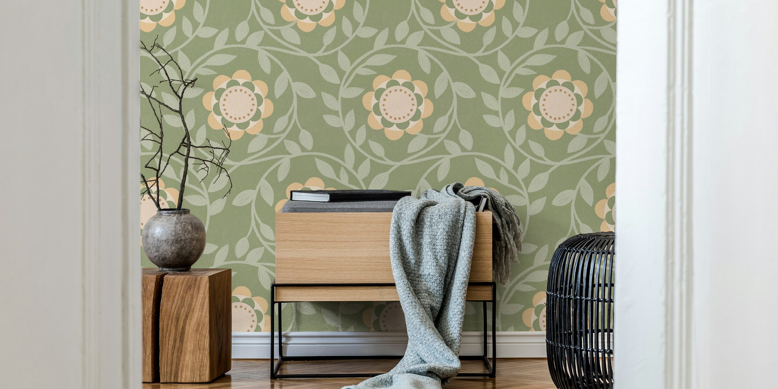 Papier peint floral vintage en vert sauge