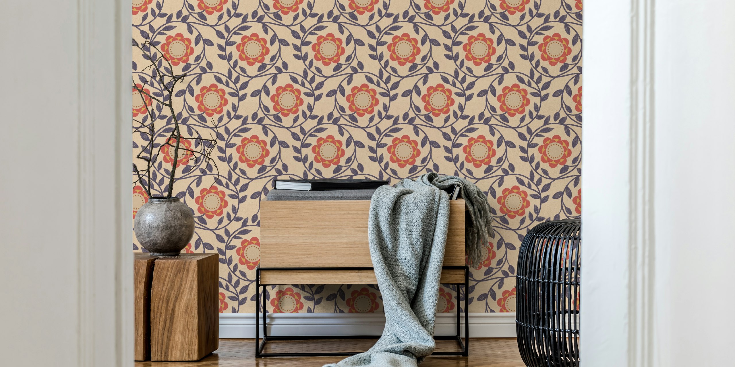 Colorful vintage floral design with red and beige flowers on blue background wallpaper