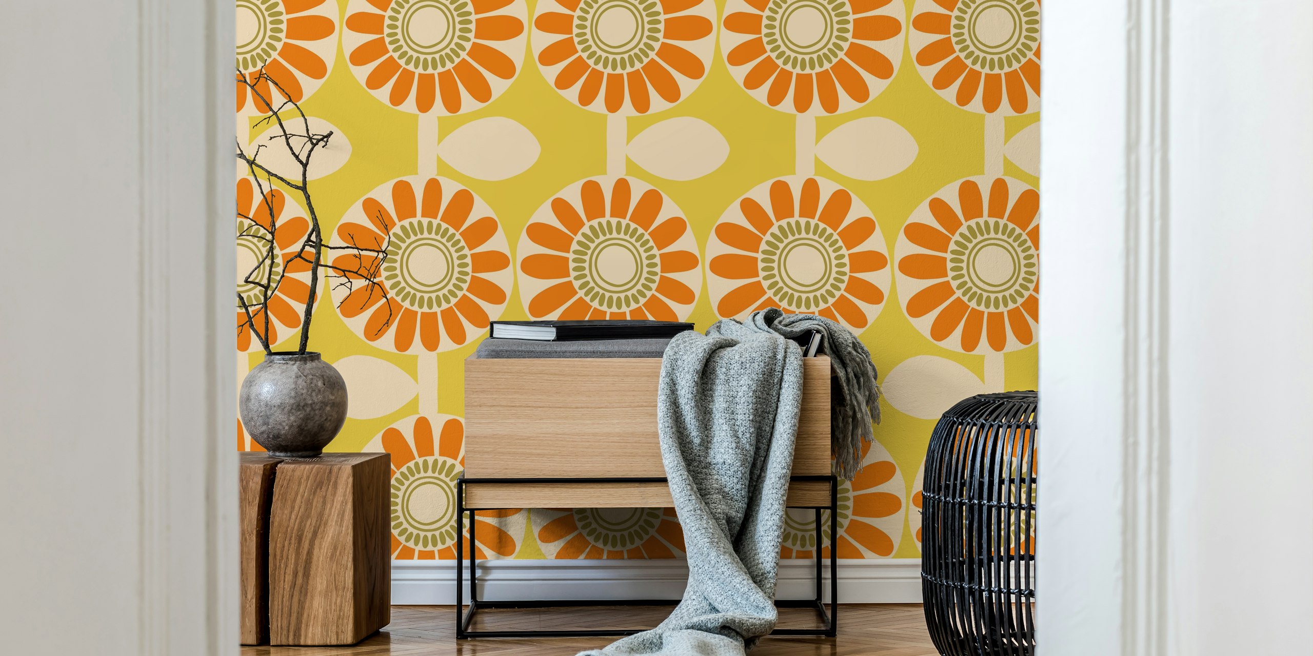 Retro Scandi Sunshine Floral wallpaper in room