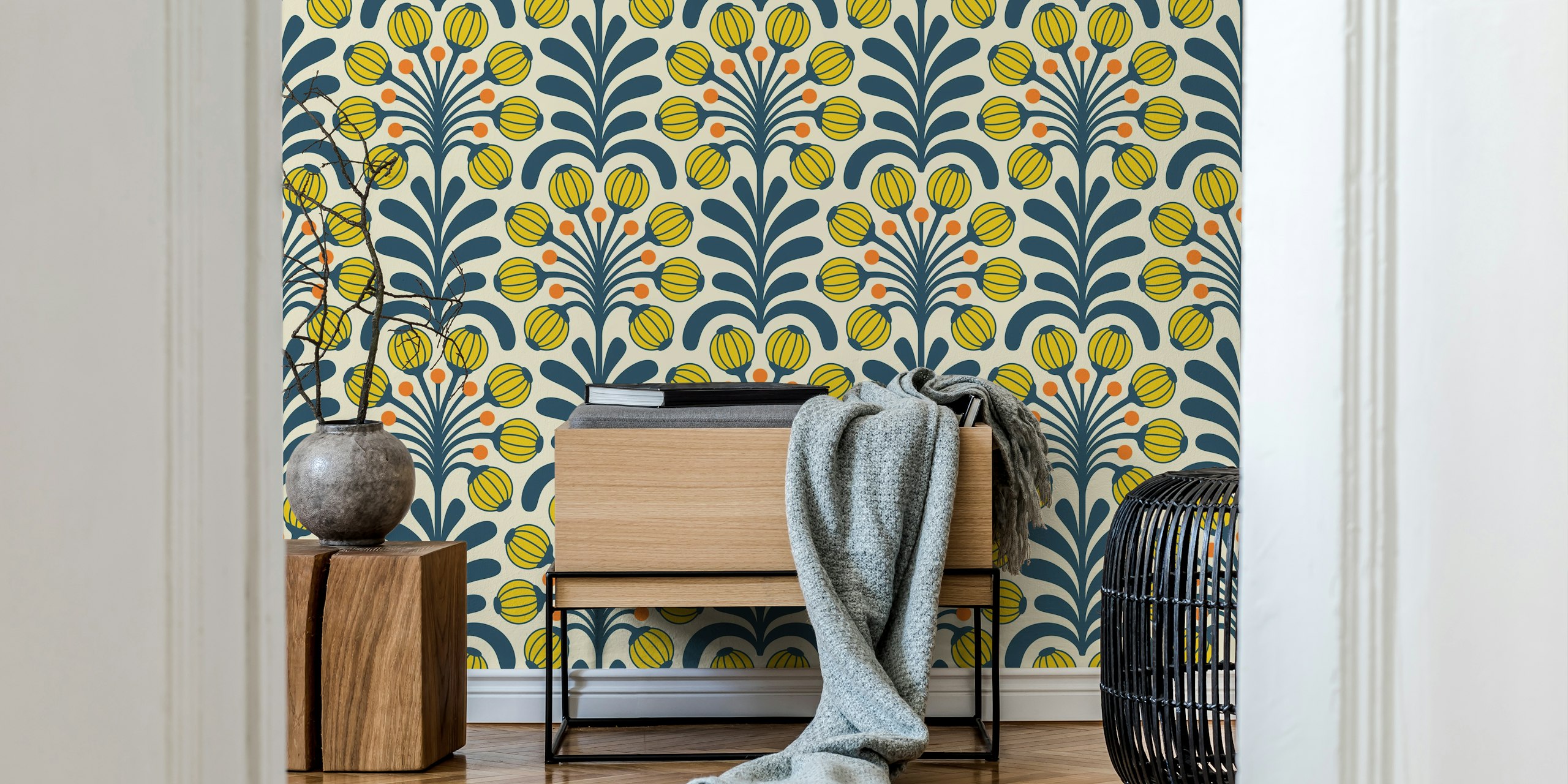 Yellow floral pattern with navy green vines wallpaper