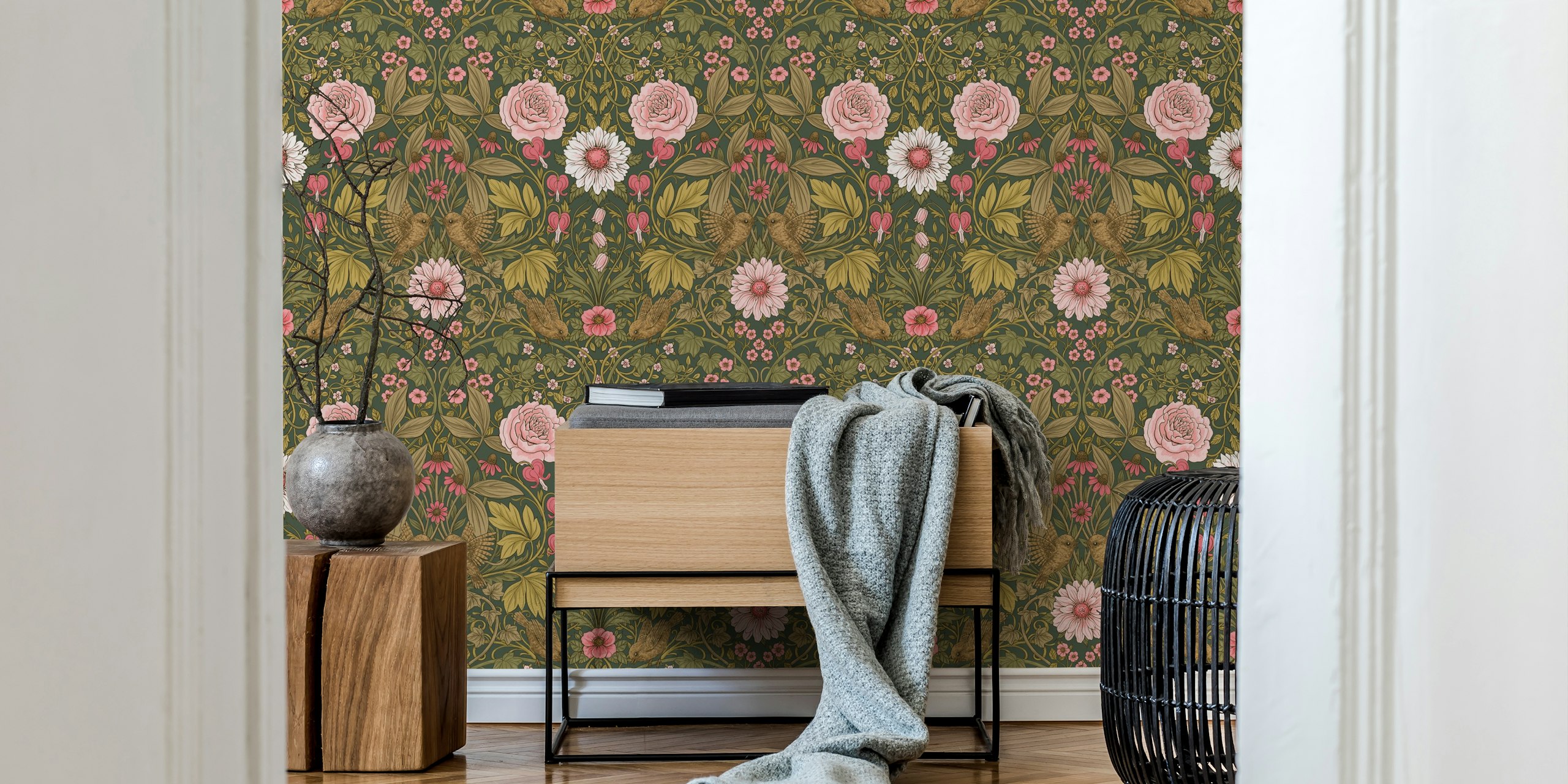 Floral pattern with pink roses and green leaves wallpaper