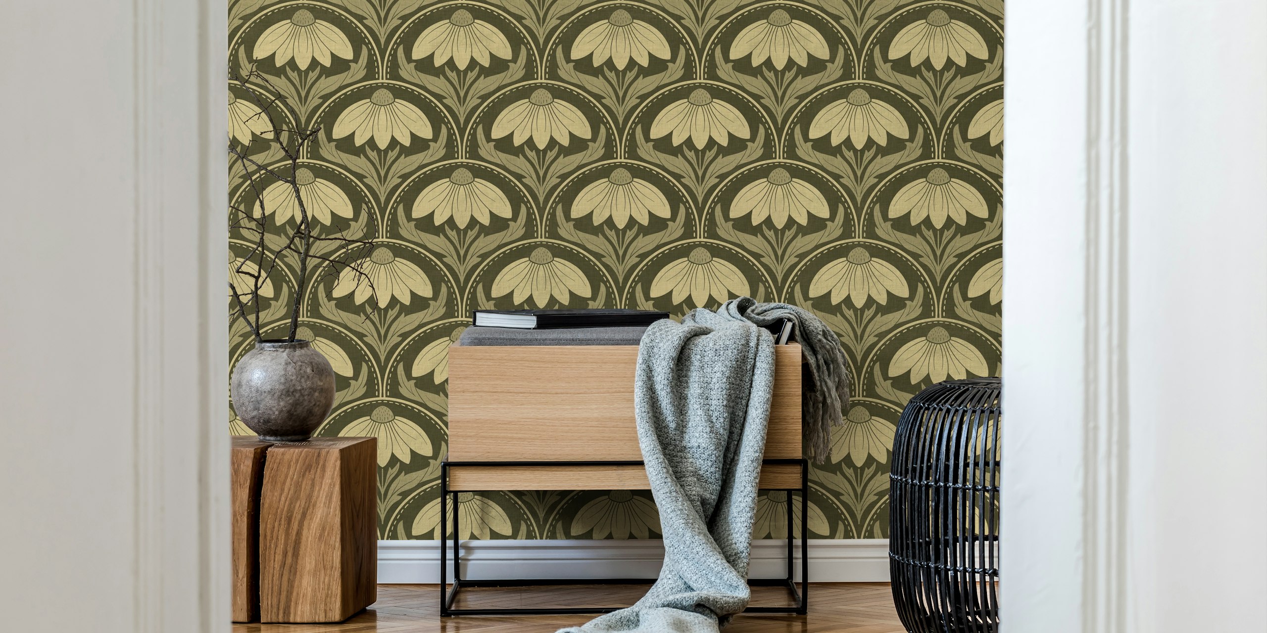Dark green floral pattern with cream flowers and scalloped design wallpaper
