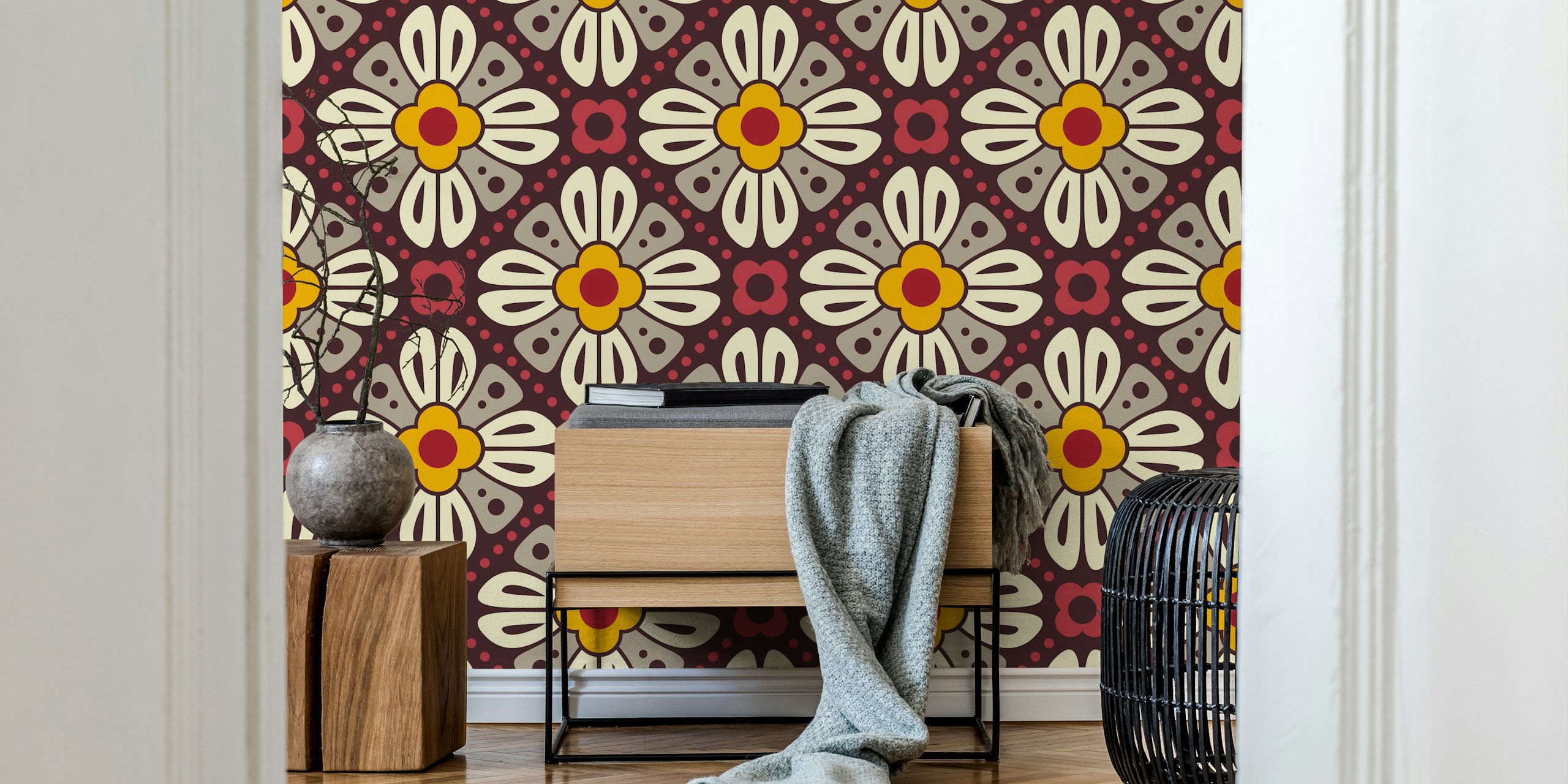 Retro floral wallpaper in a room