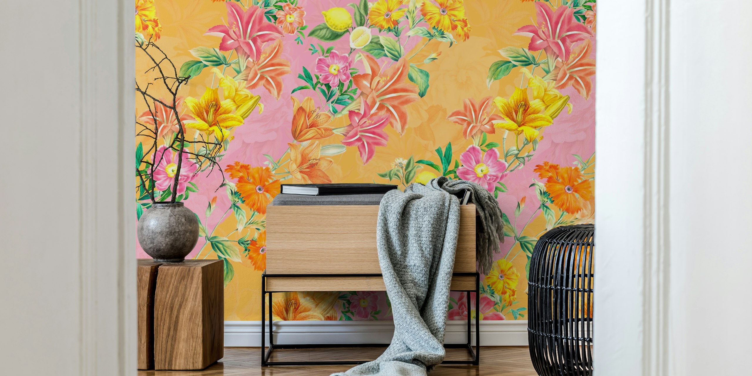 Colorful tropical flowers and lemon foliage wallpaper