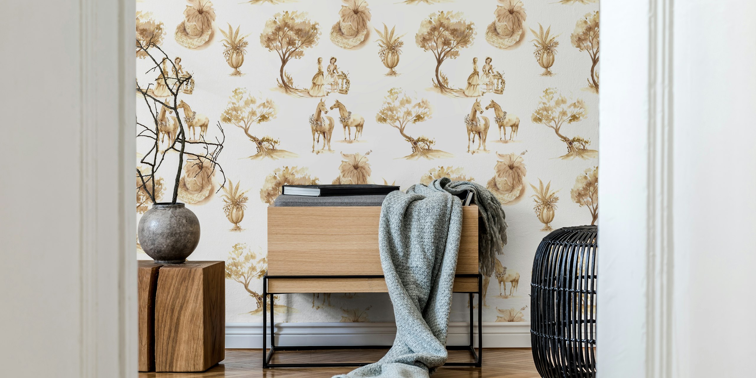 Elegant Pastoral Toile in Sepia wallpaper design