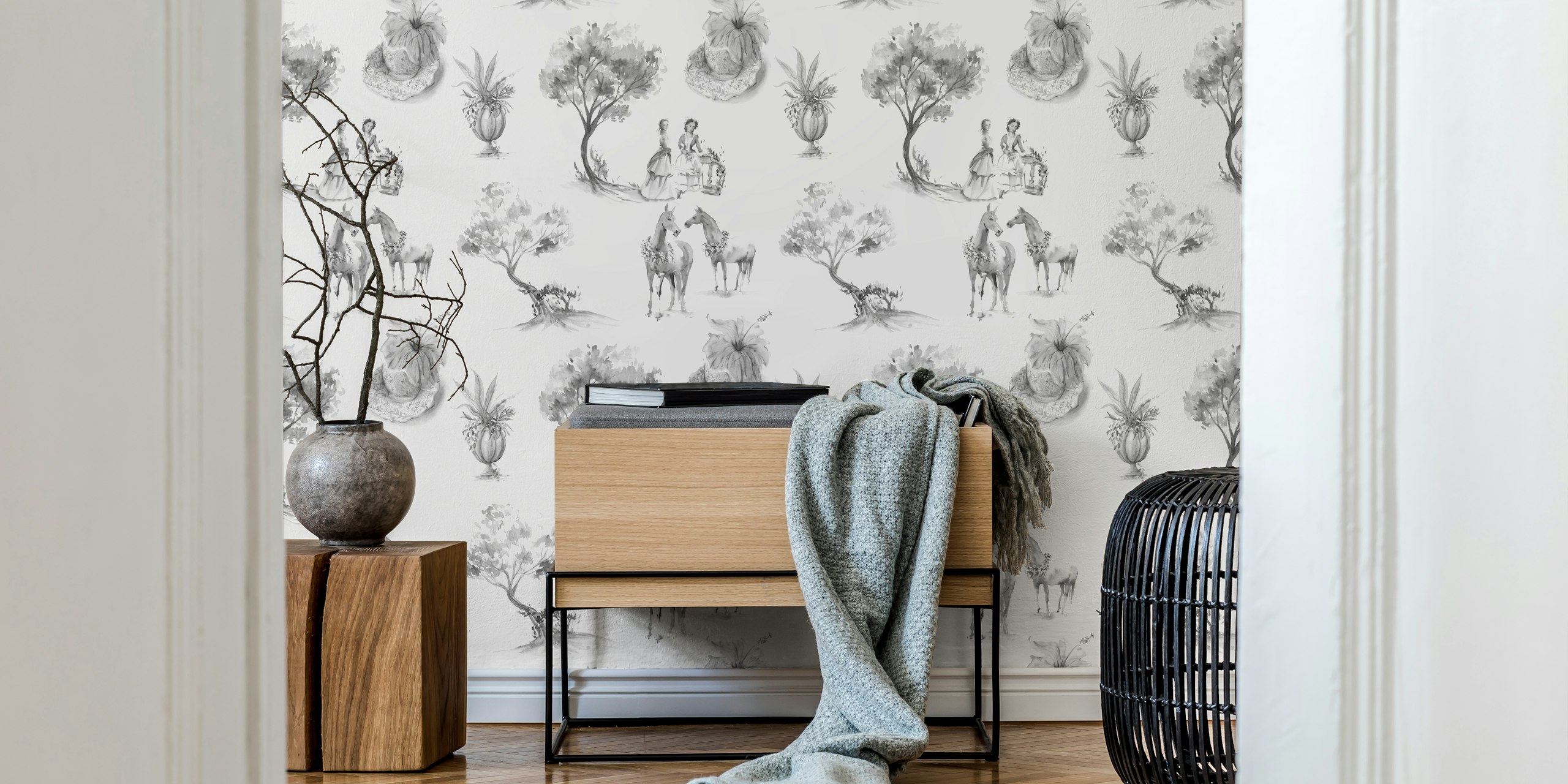 Elegant Pastoral Toile in B&W tapettisuunnittelu