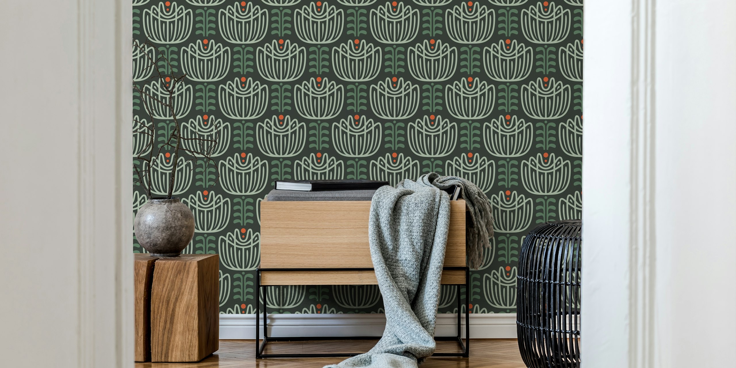 Stylized tulip design in dark green with floral elements wallpaper