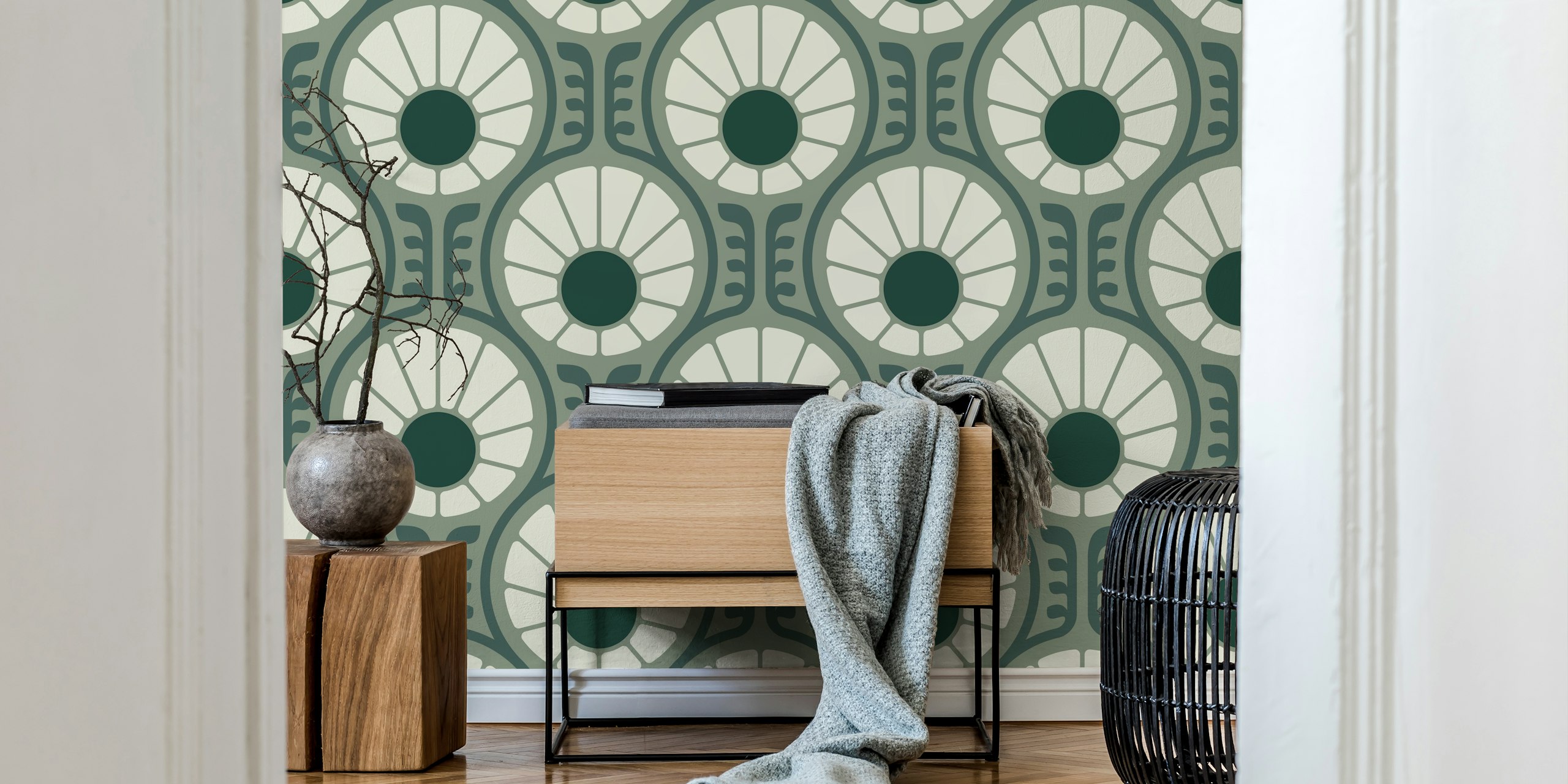 Retro Daisy Delight in Smoky Green tapet i ett rum