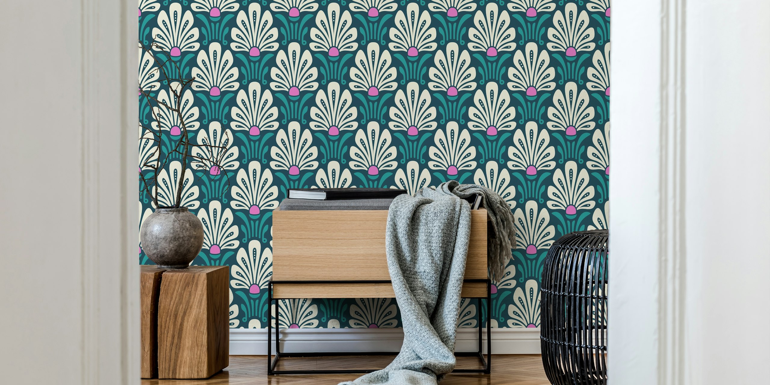 Floral pattern with green and pink colors wallpaper