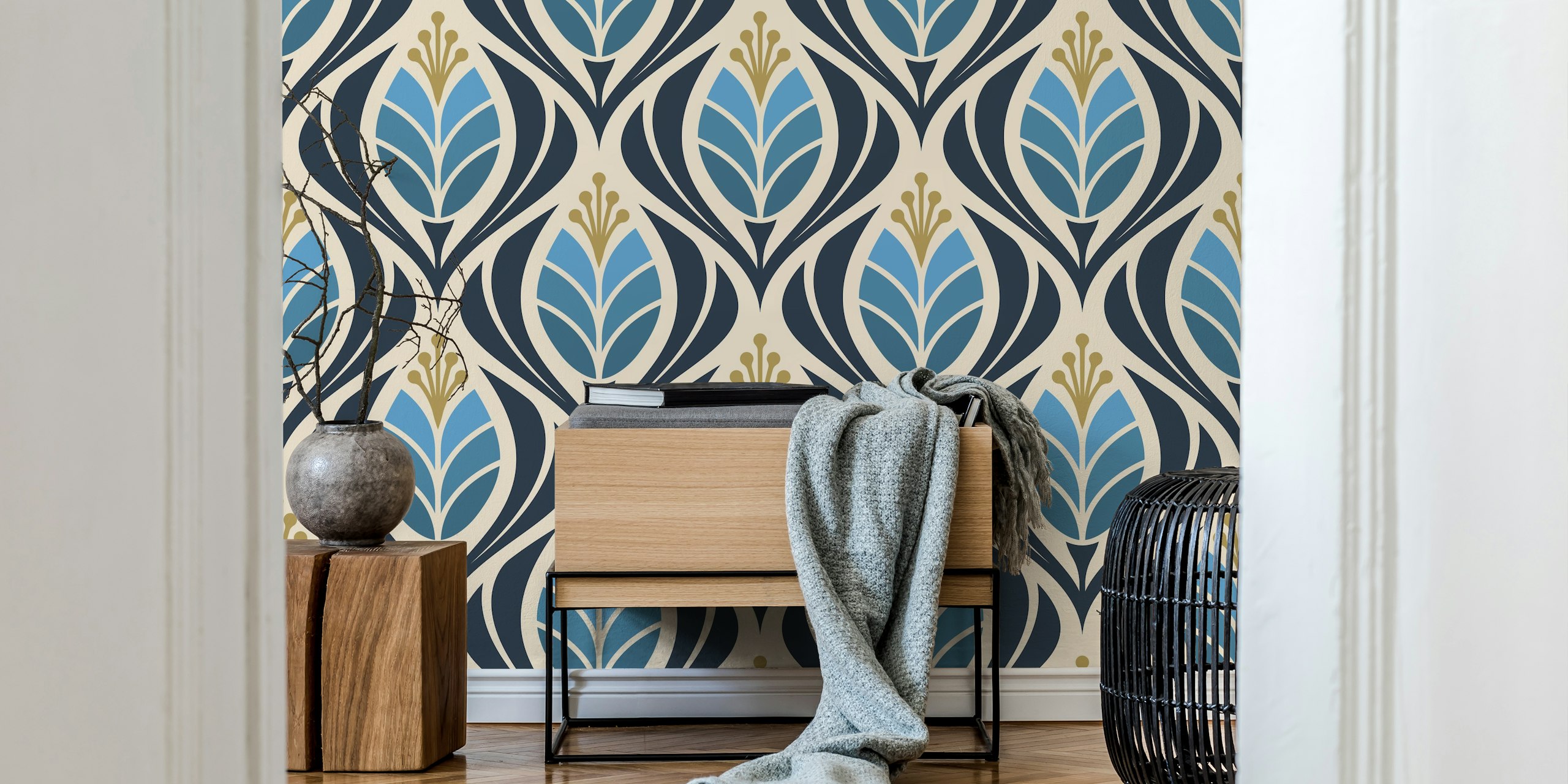 Blue tulip floral pattern wallpaper