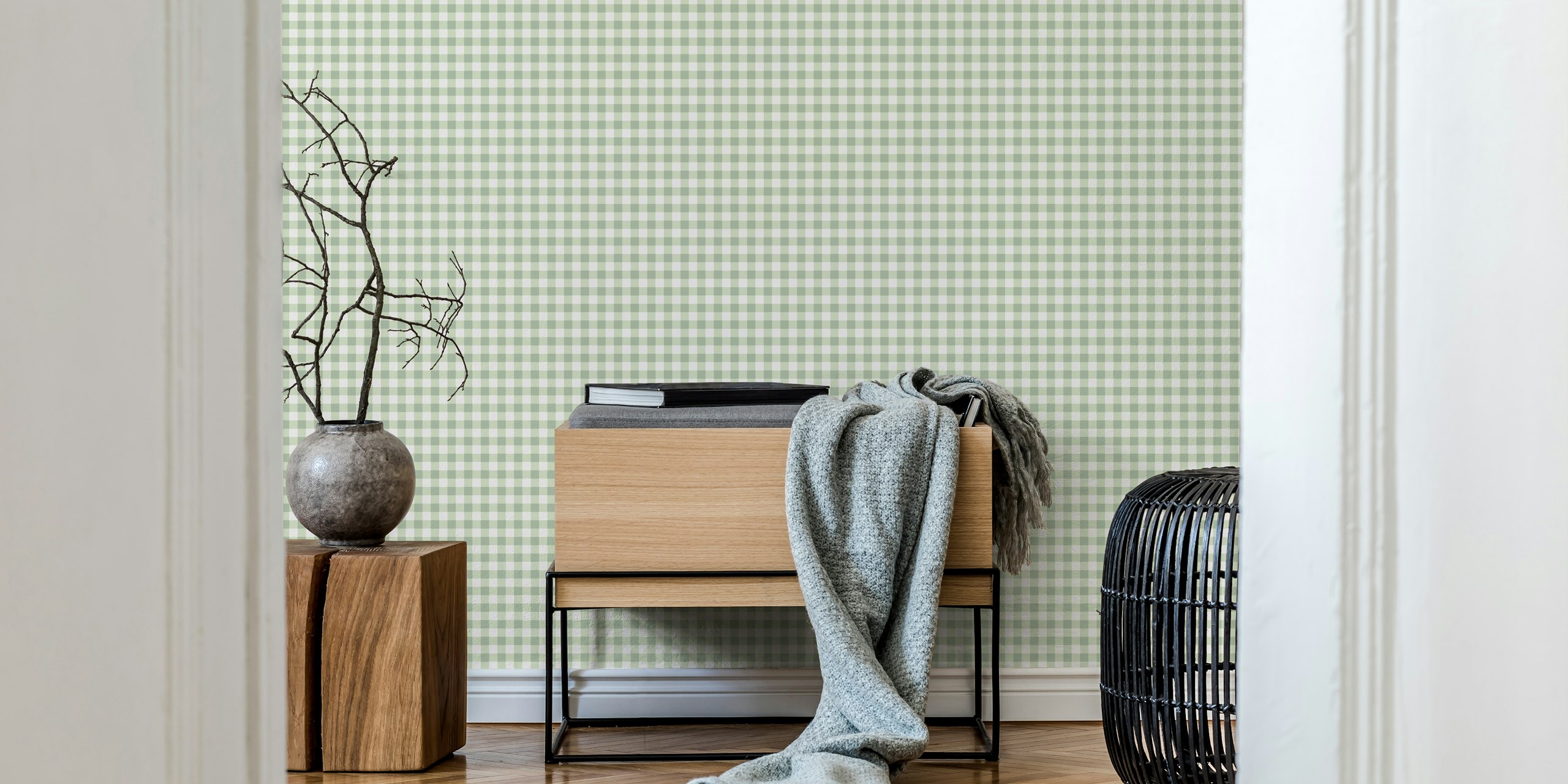 Gingham classic sage green wallpaper in a room