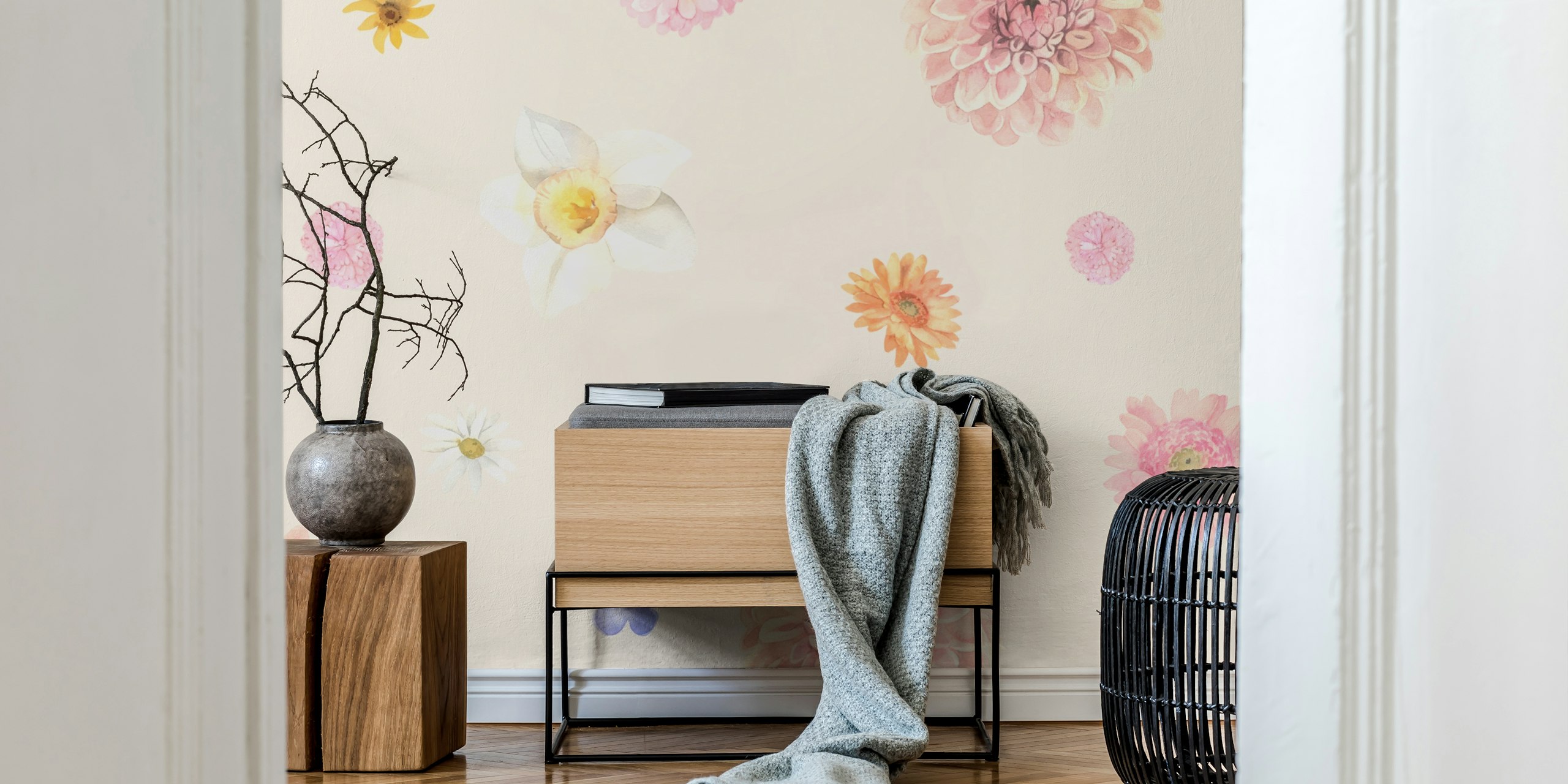 Scattered wildflower pattern in soft pastels on light background wallpaper