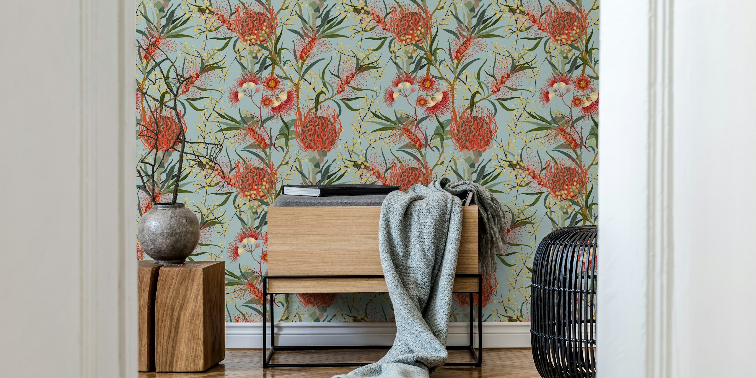 Fresh flower tapestry wallpaper in a room