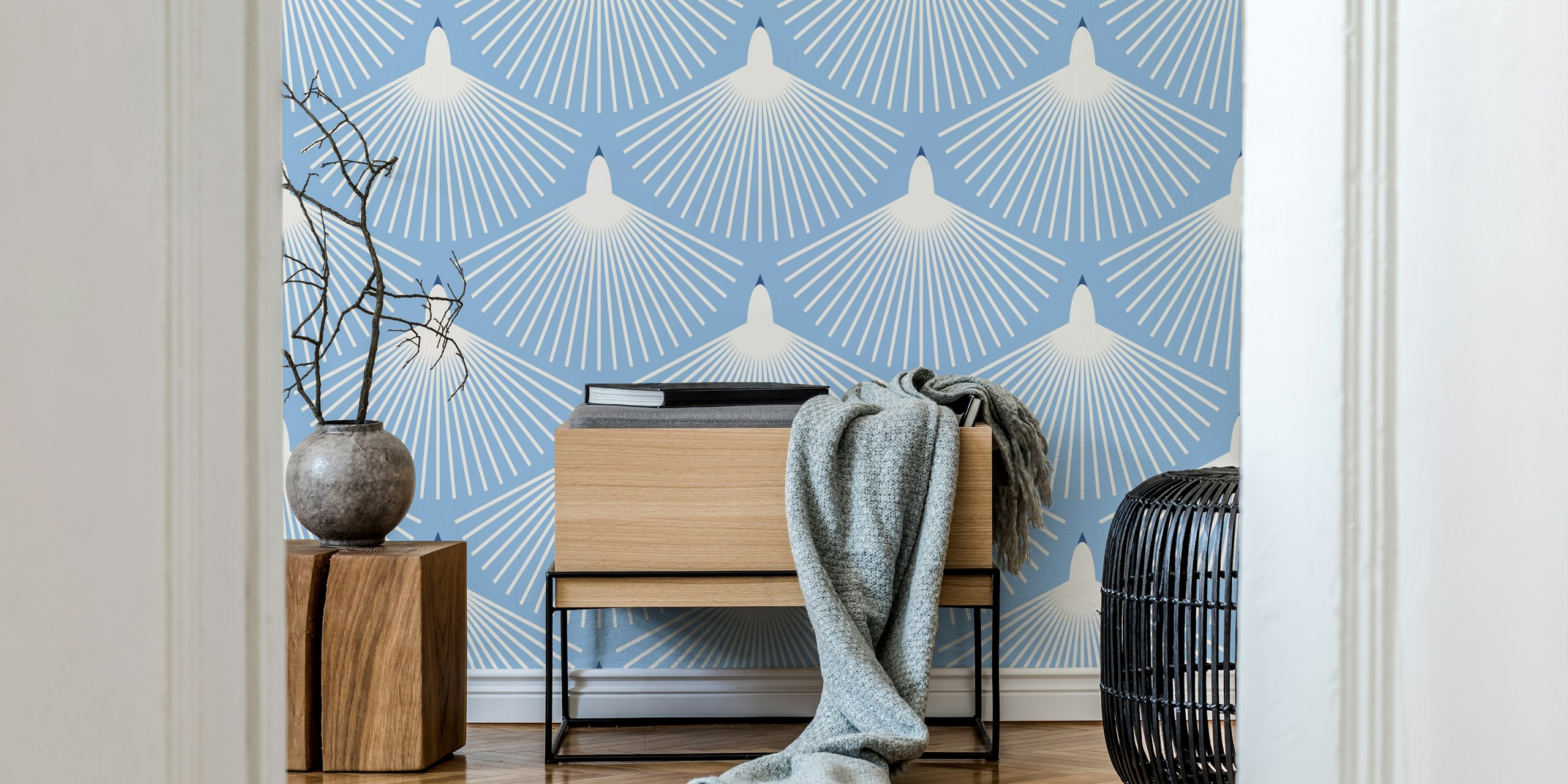 Blue abstract fan pattern wallpaper with white rays