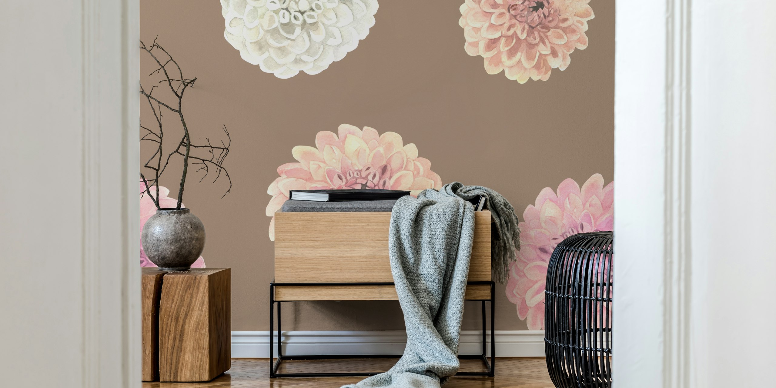 Colorful dahlia flowers on a soft brown background wallpaper