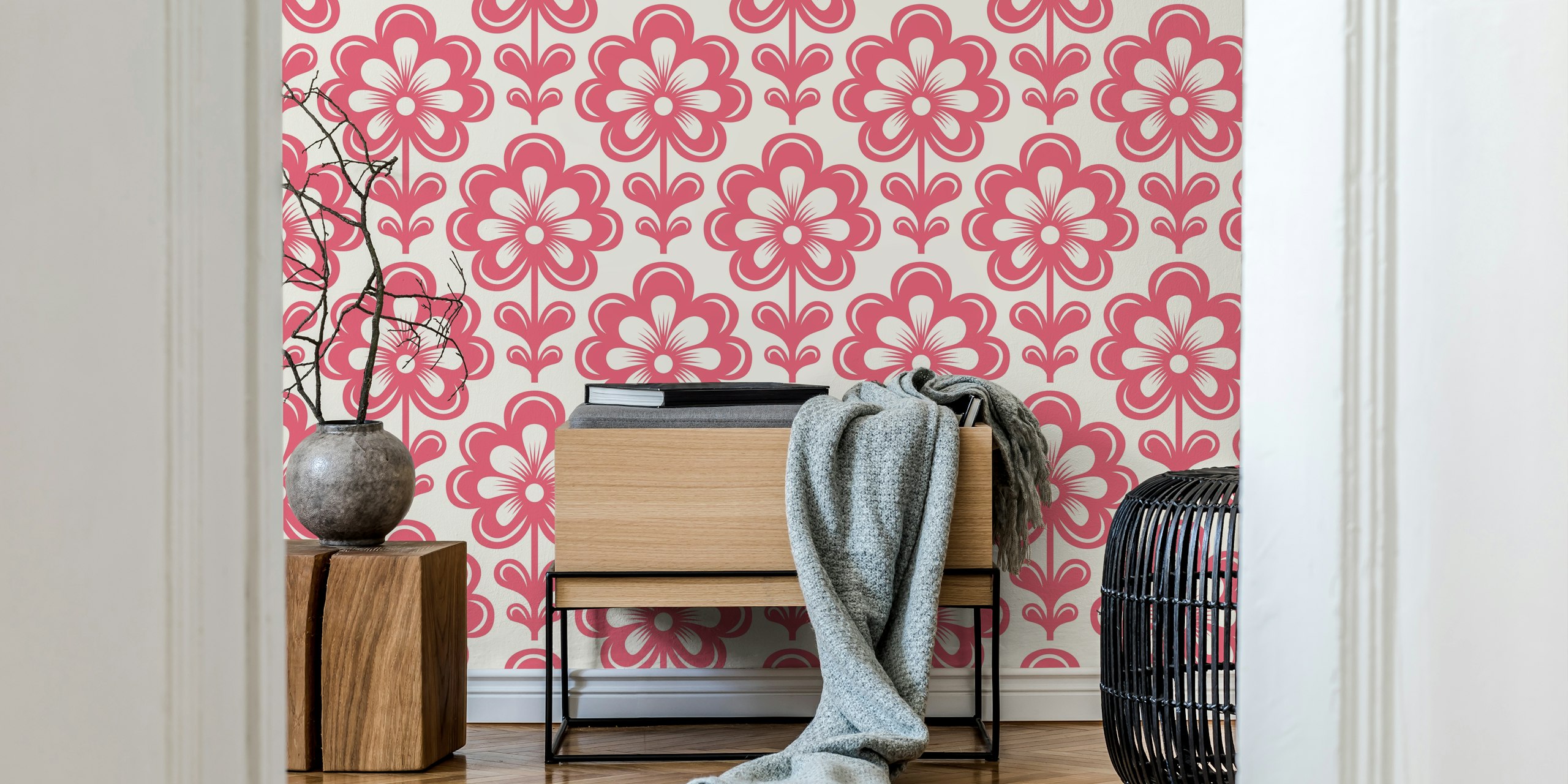 Pink retro daisies pattern on cream background wallpaper