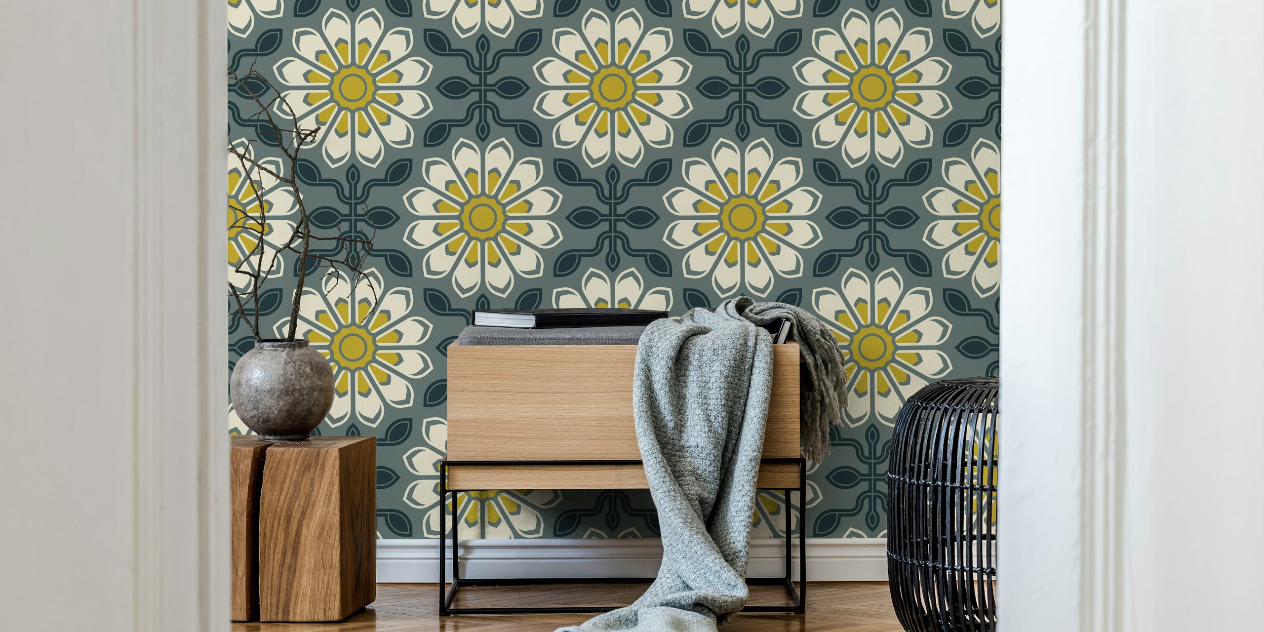 Floral pattern in green and yellow on dark background wallpaper