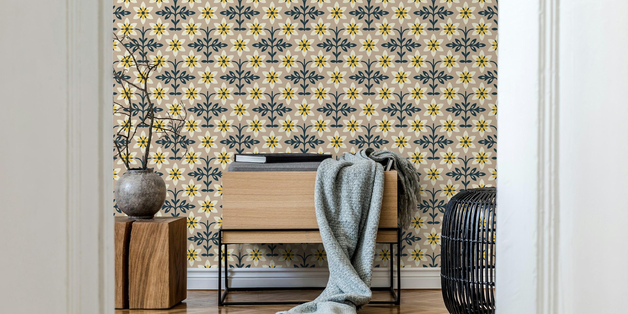 Beige floral pattern with yellow and navy blue flowers wallpaper