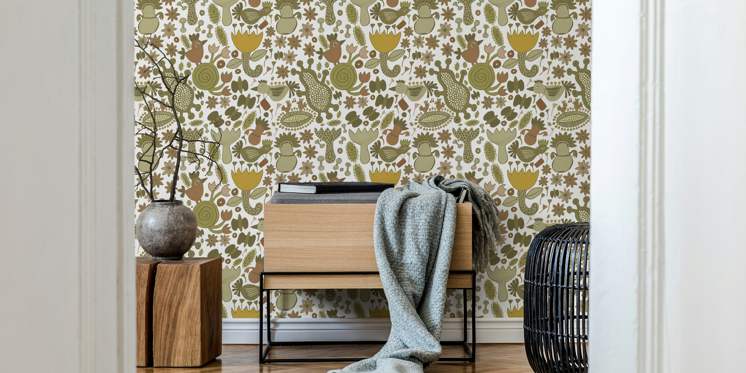 Colorful floral patterns with plants and animals on white wallpaper