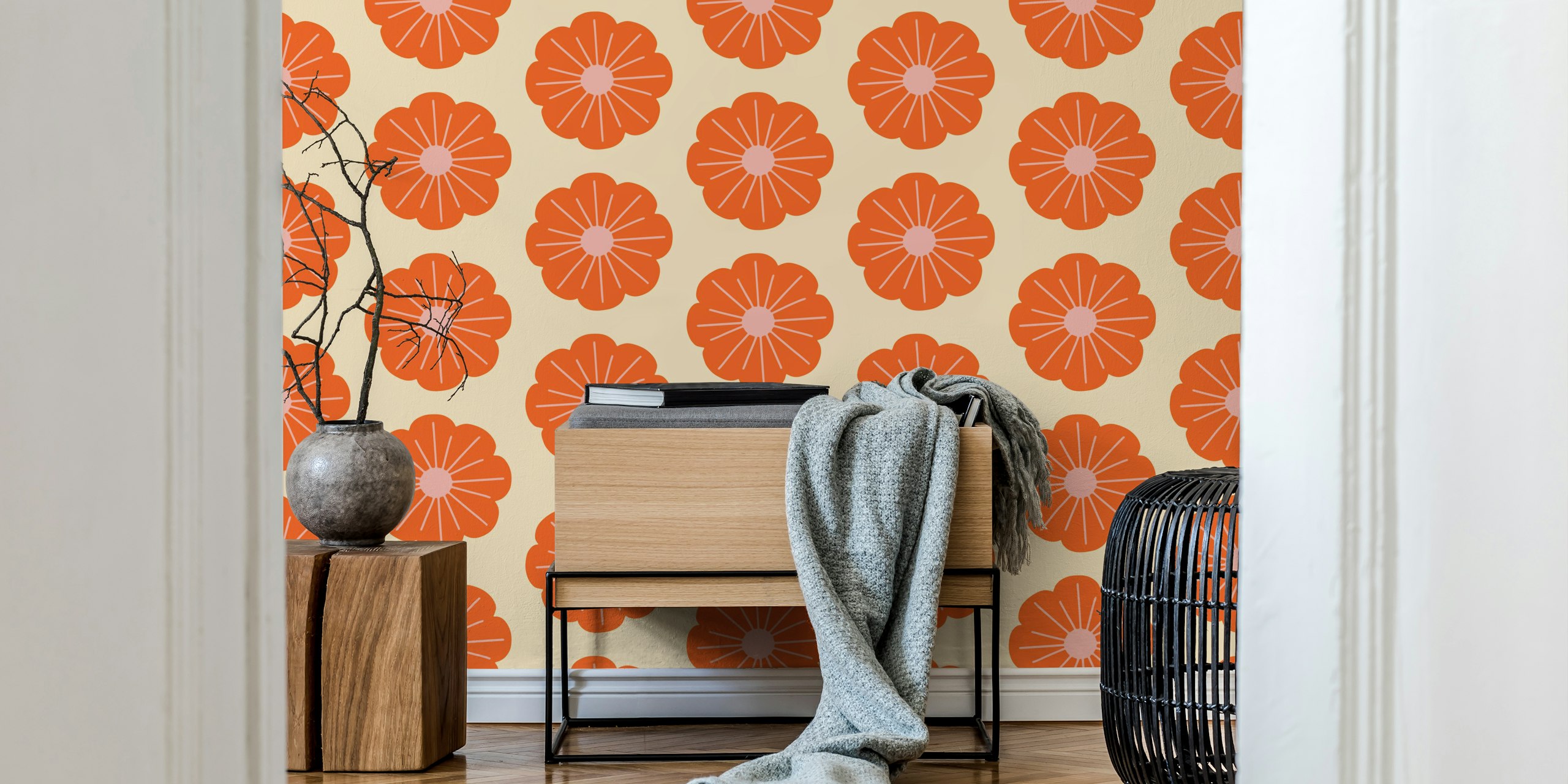 Retro Bold Flower Pink Cream tapet i et rom