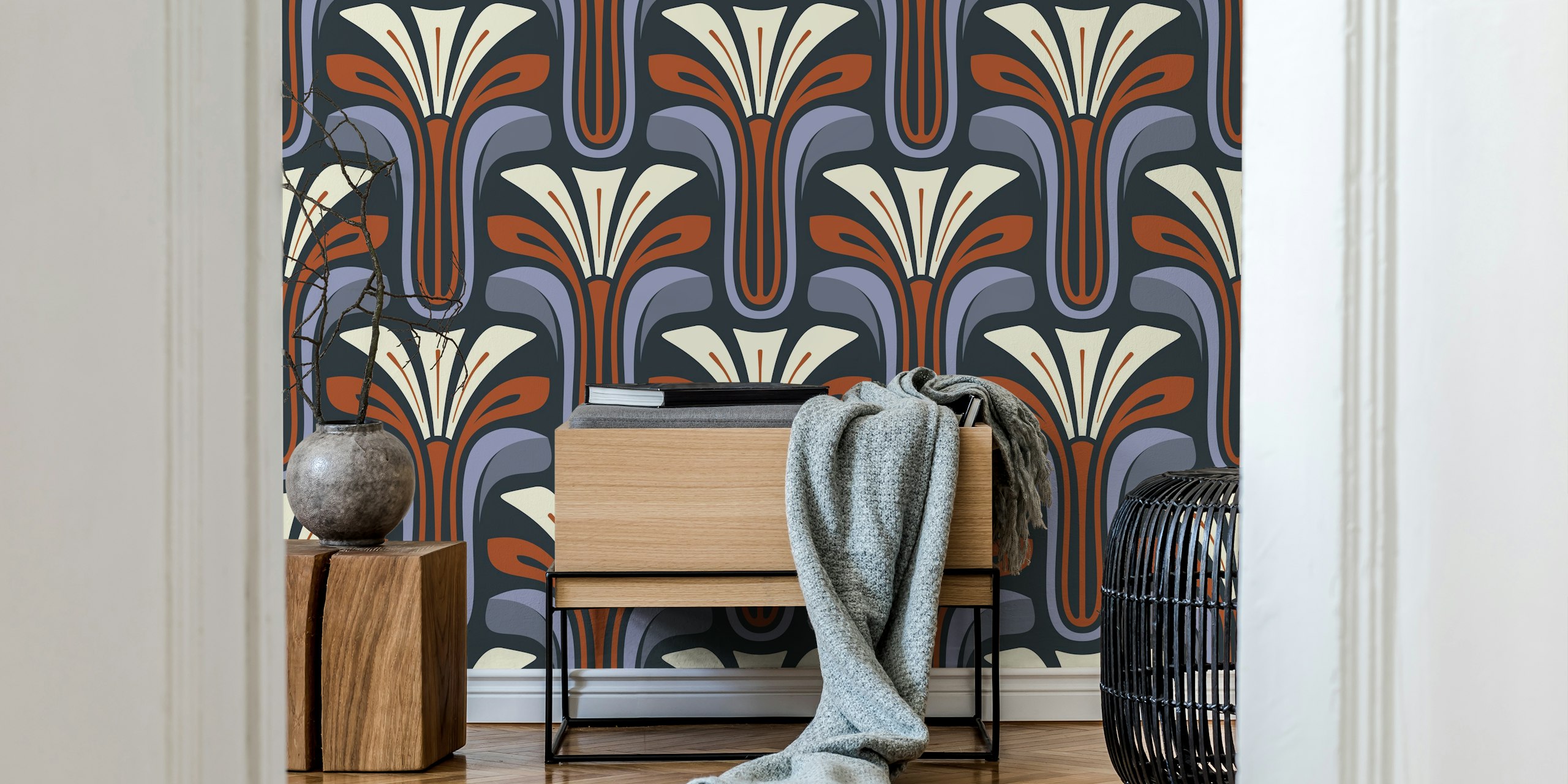Vintage floral pattern wallpaper featuring purple and red colors