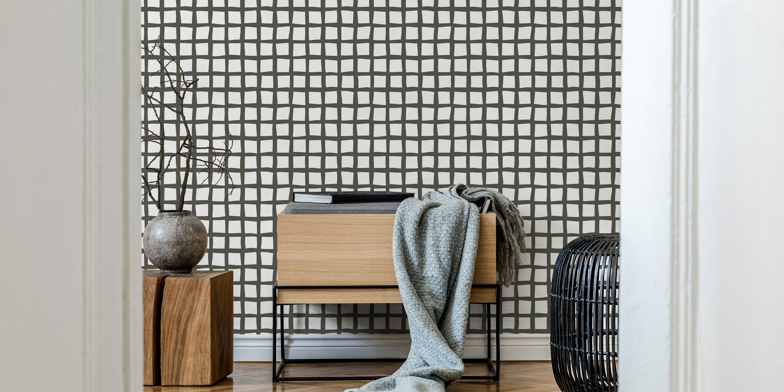 Organic Grid Charcoal wallpaper in a room