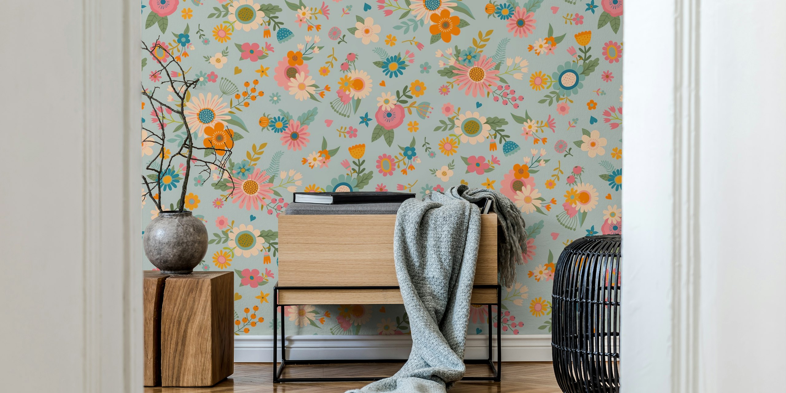 Floral Tapete mit Spring Flowers - rosa, orange, blaue Blumen.