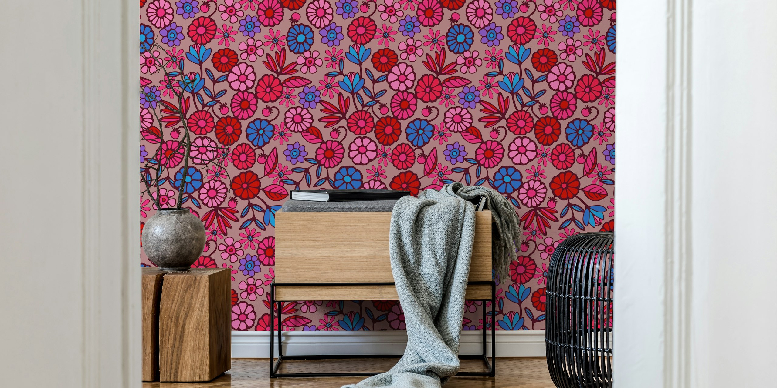 Colorful retro floral pattern with pink, blue, and red flowers wallpaper