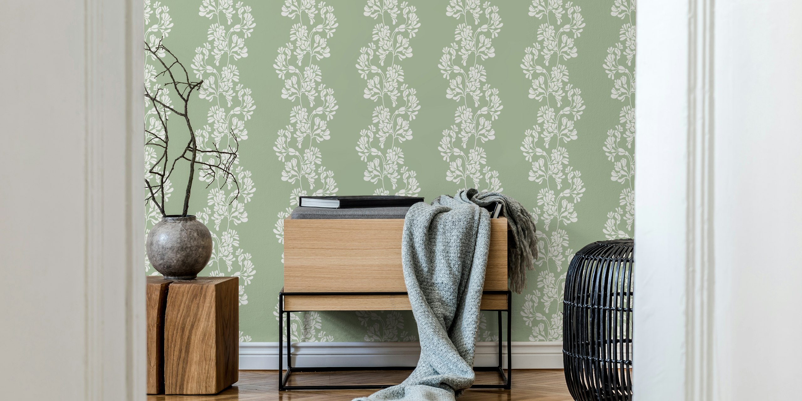 Waving Floral Branches Stripes wallpaper in a room