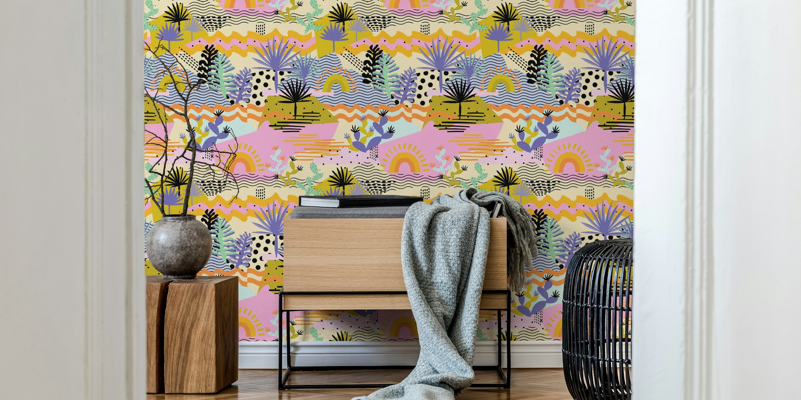 Colorful tropical palm pattern with pink, orange, blue, and green wallpaper
