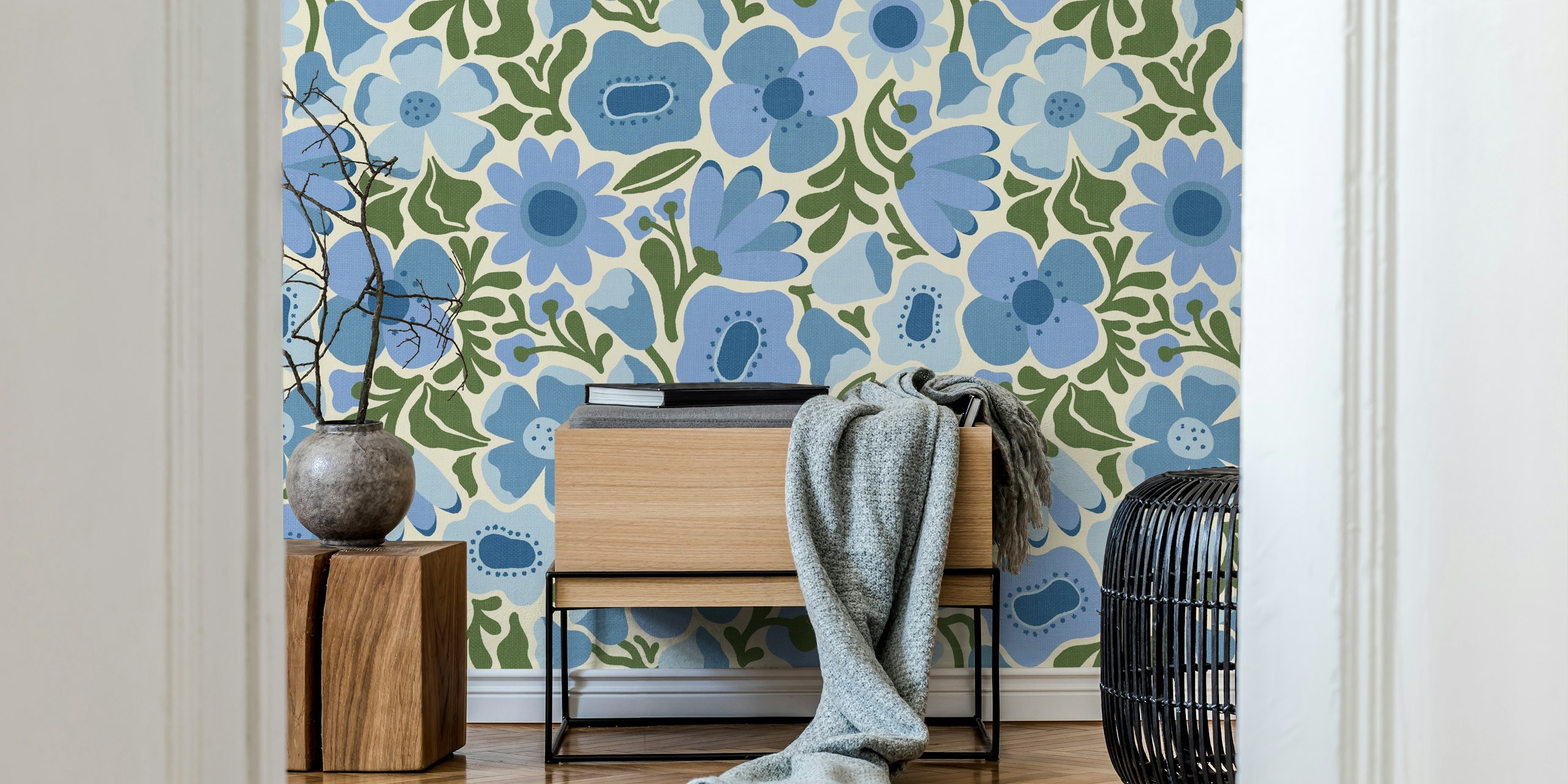 Mid Mod Meadow wallpaper vist i et rum