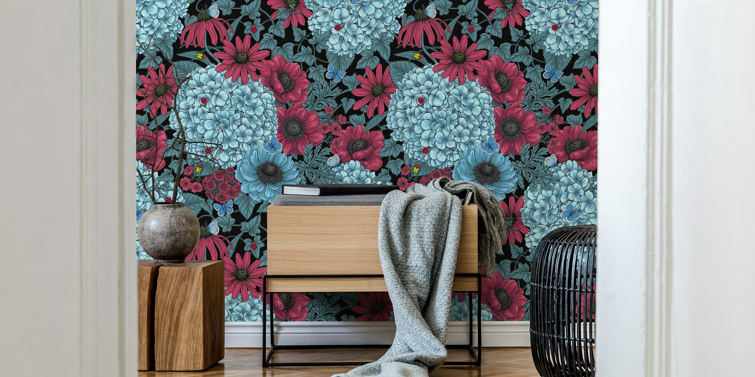 Bold garden florals wallpaper in a room