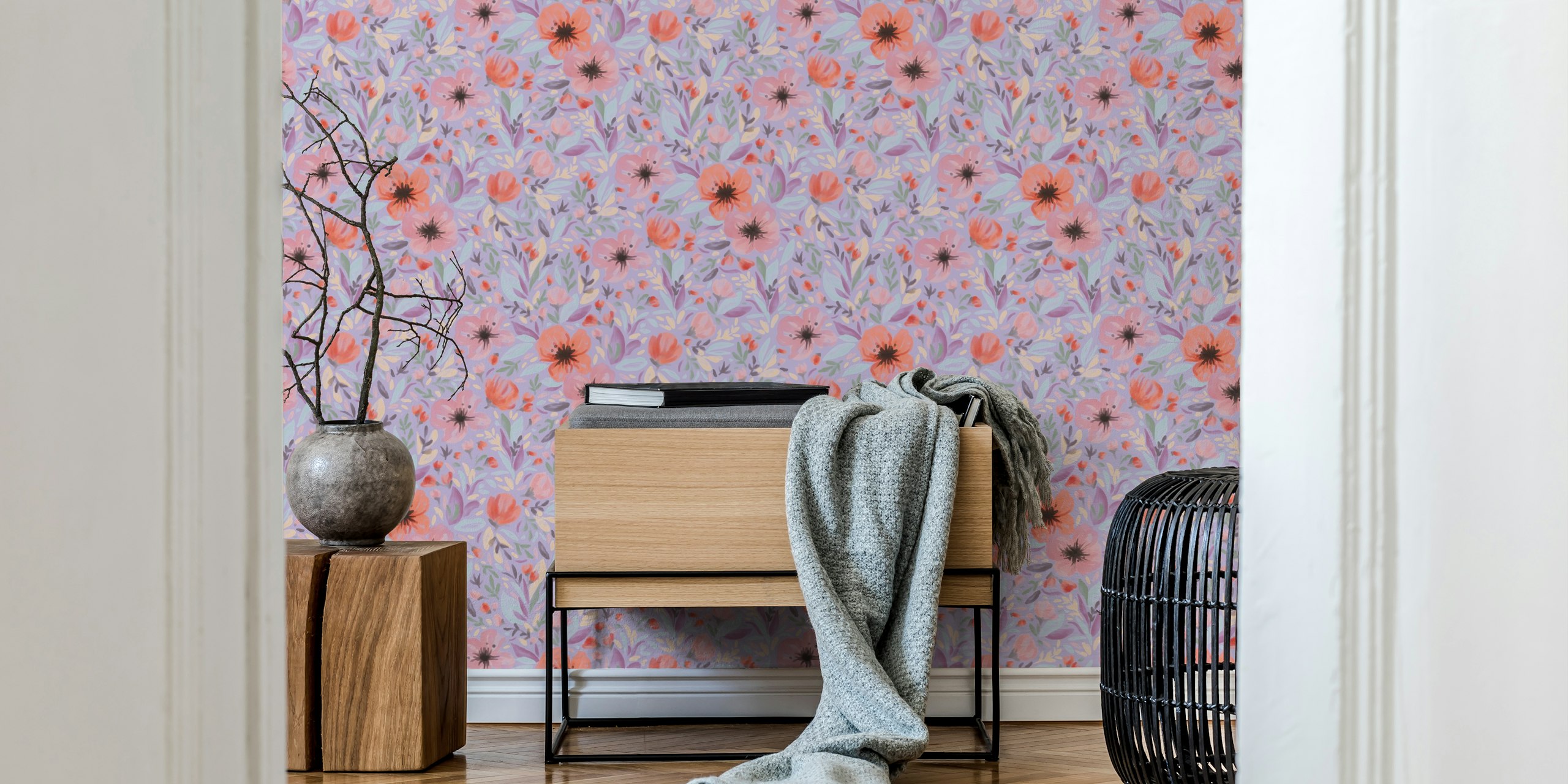 Watercolor Bloom Lilac bloemenbehang in een kamer