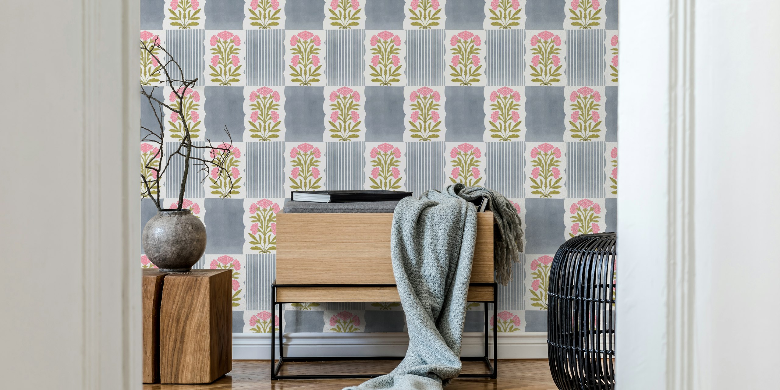 Pink floral motifs and striped patterns on gray background wallpaper