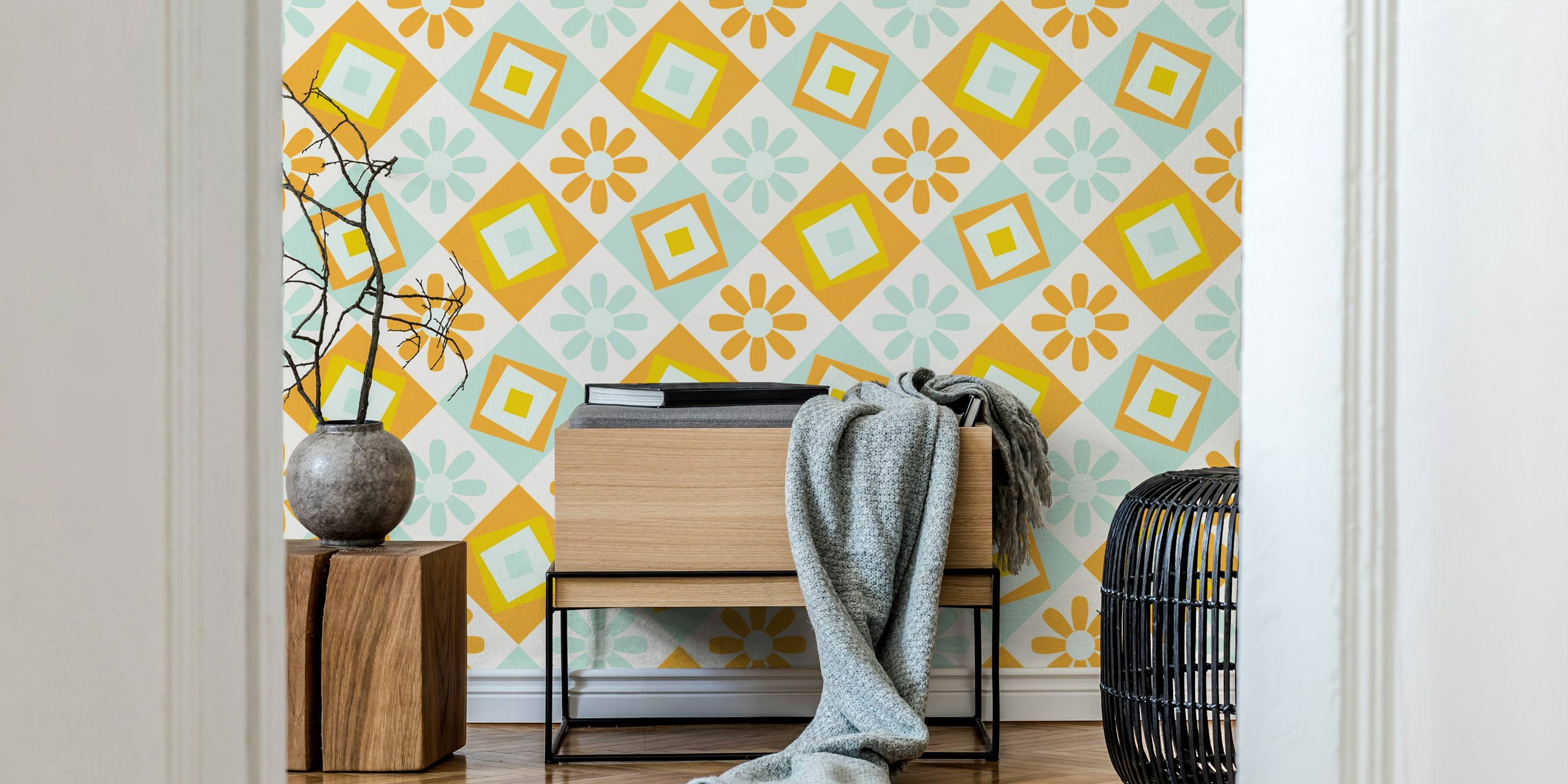 70s Bold geometrics in pastel tapetti huoneessa