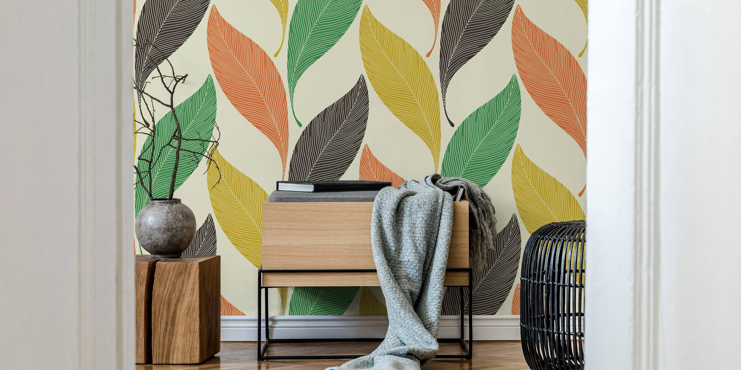 Värikäs Chevron Leaves-tapetti huoneessa
