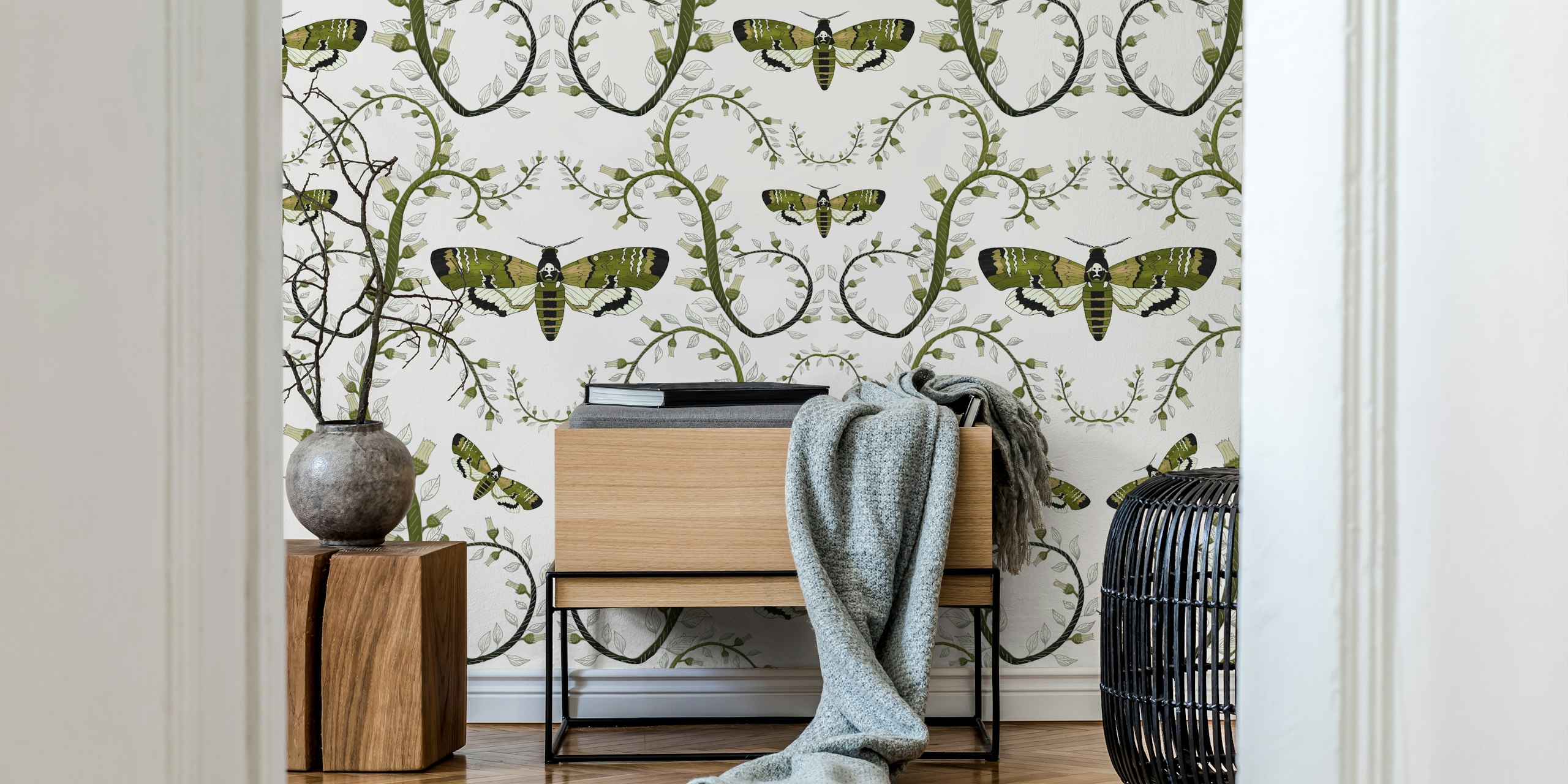 Gothic Moth Vines Pearl Green wallpaper in room