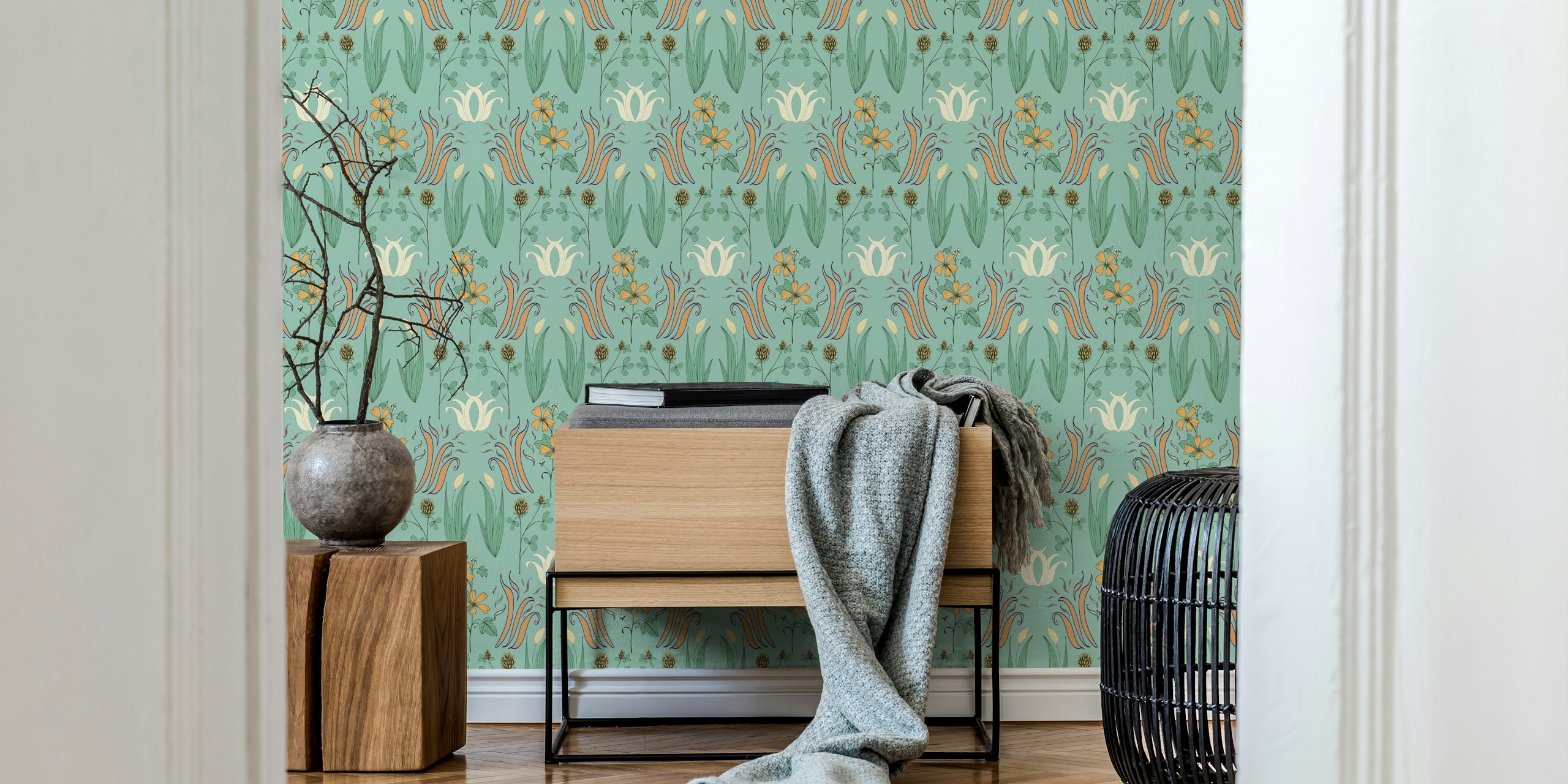 Vintage floral green wallpaper with stylized flowers and leaves in soft pastel colors