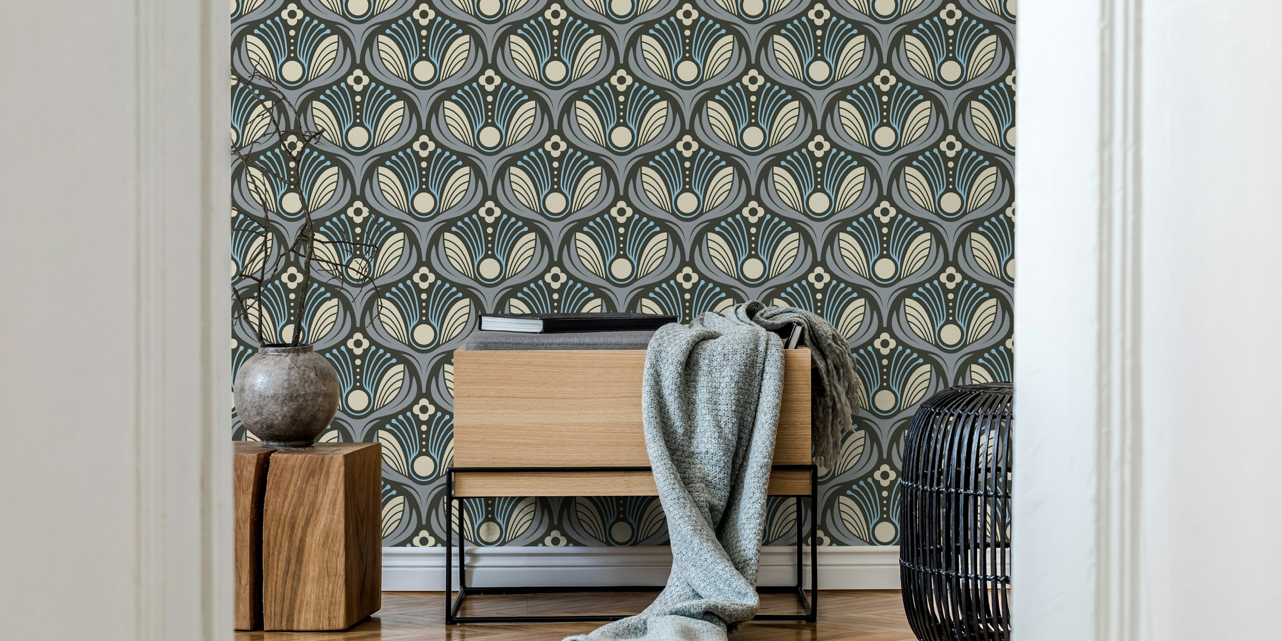 Art Deco Floral in Blue Gray design de papier peint