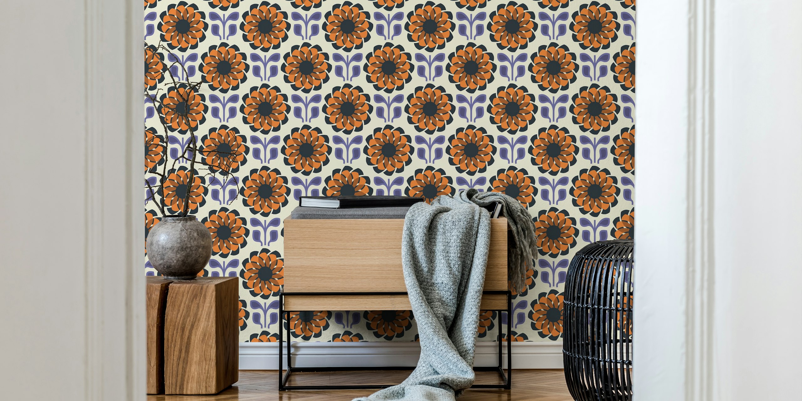 Geometric Flower Fusion in Brown Green - S tapeta v pokoji