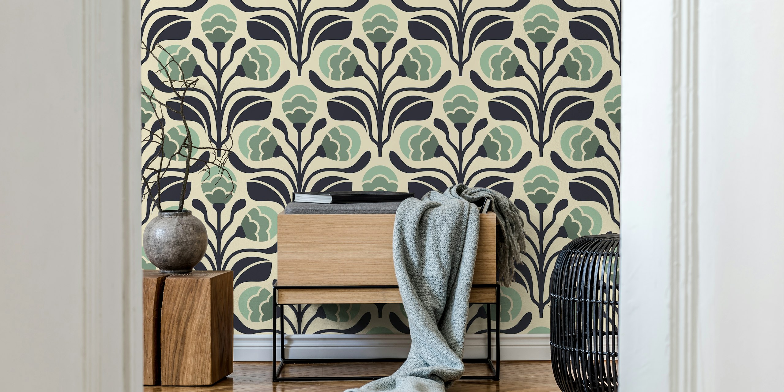 Retro floral buds wallpaper in a room