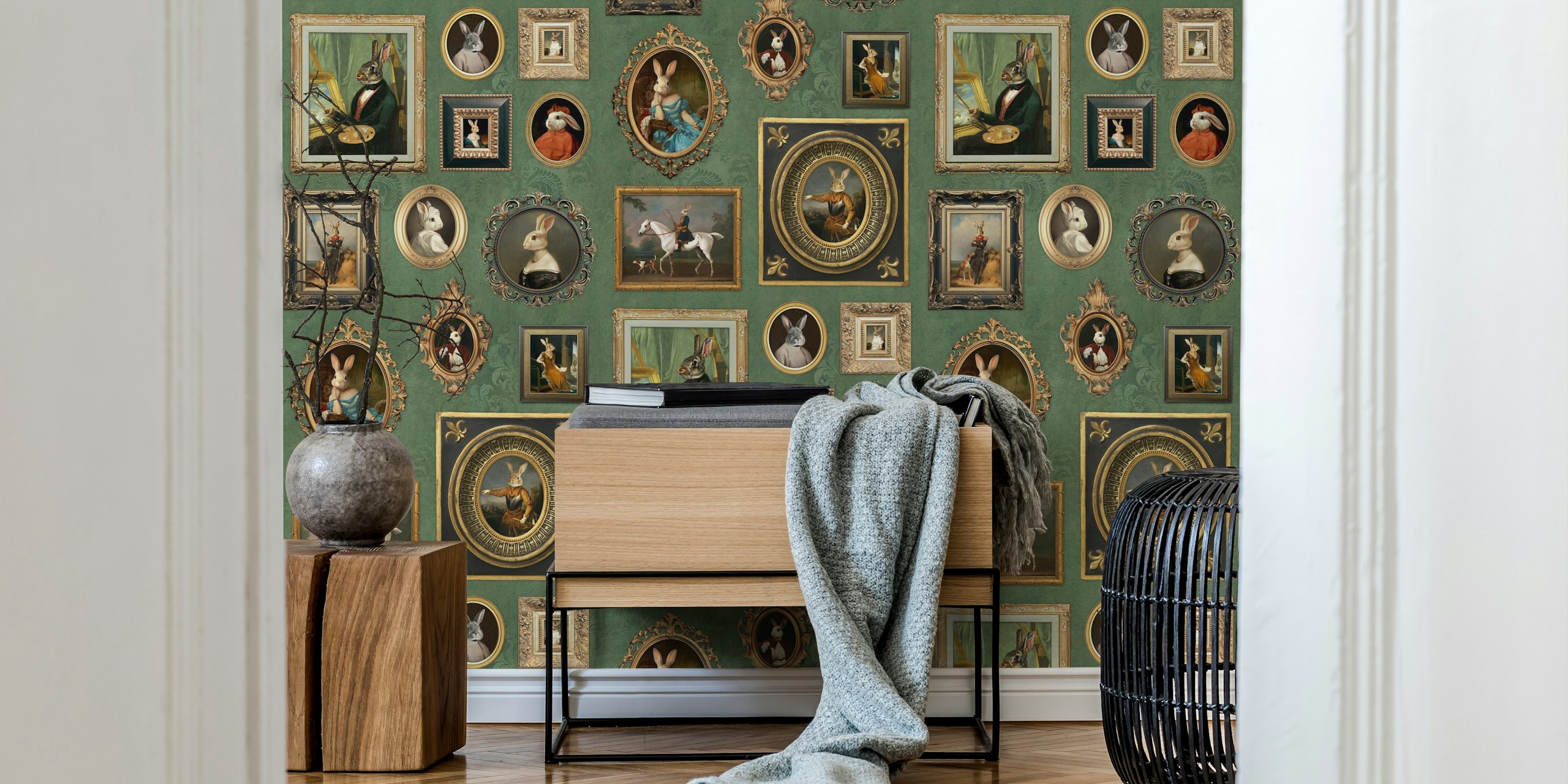 Sage green wallpaper s Noble Bunnies Portrait Collection