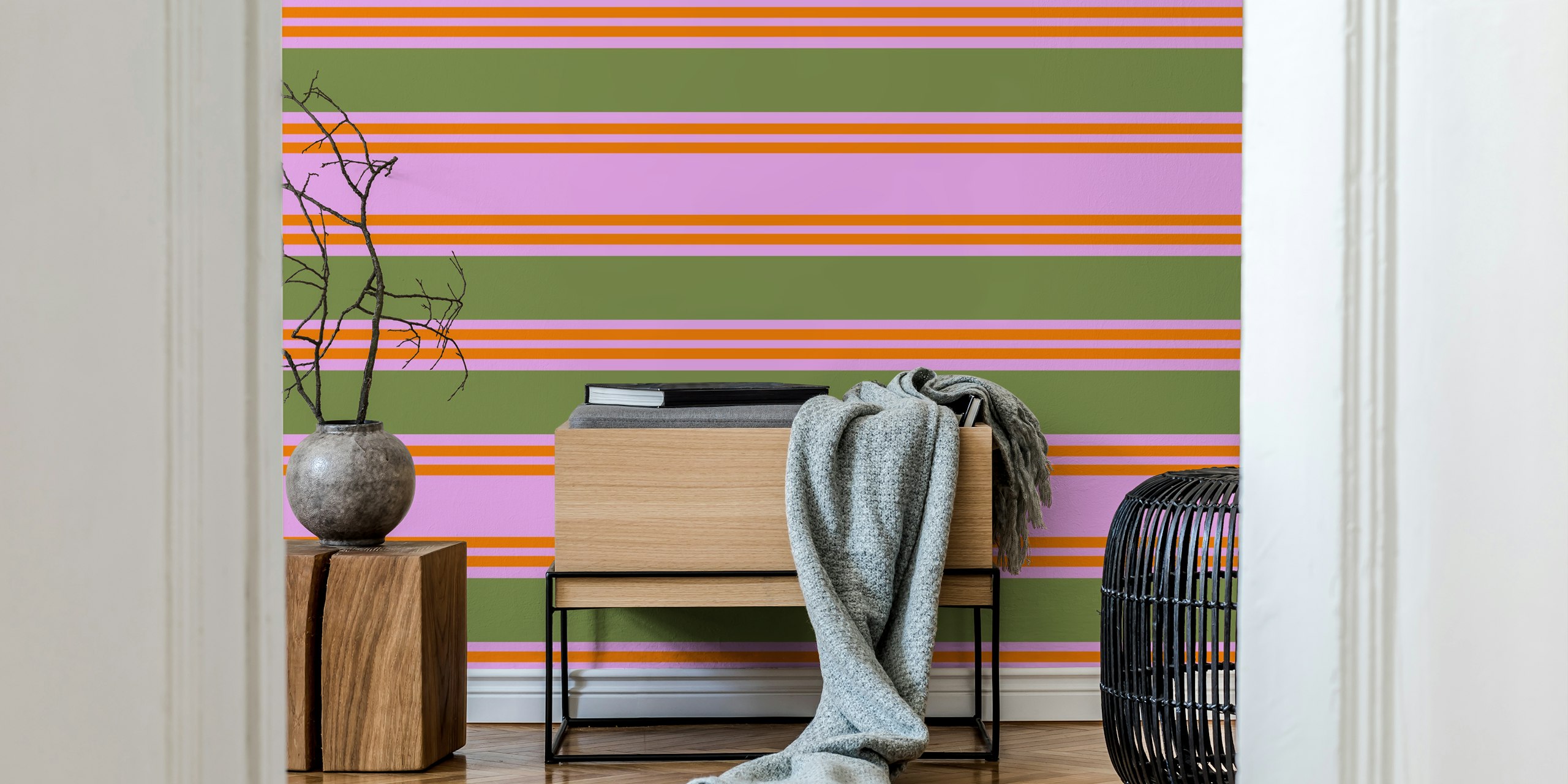 Colorful striped wallpaper featuring pink, orange, and green bands