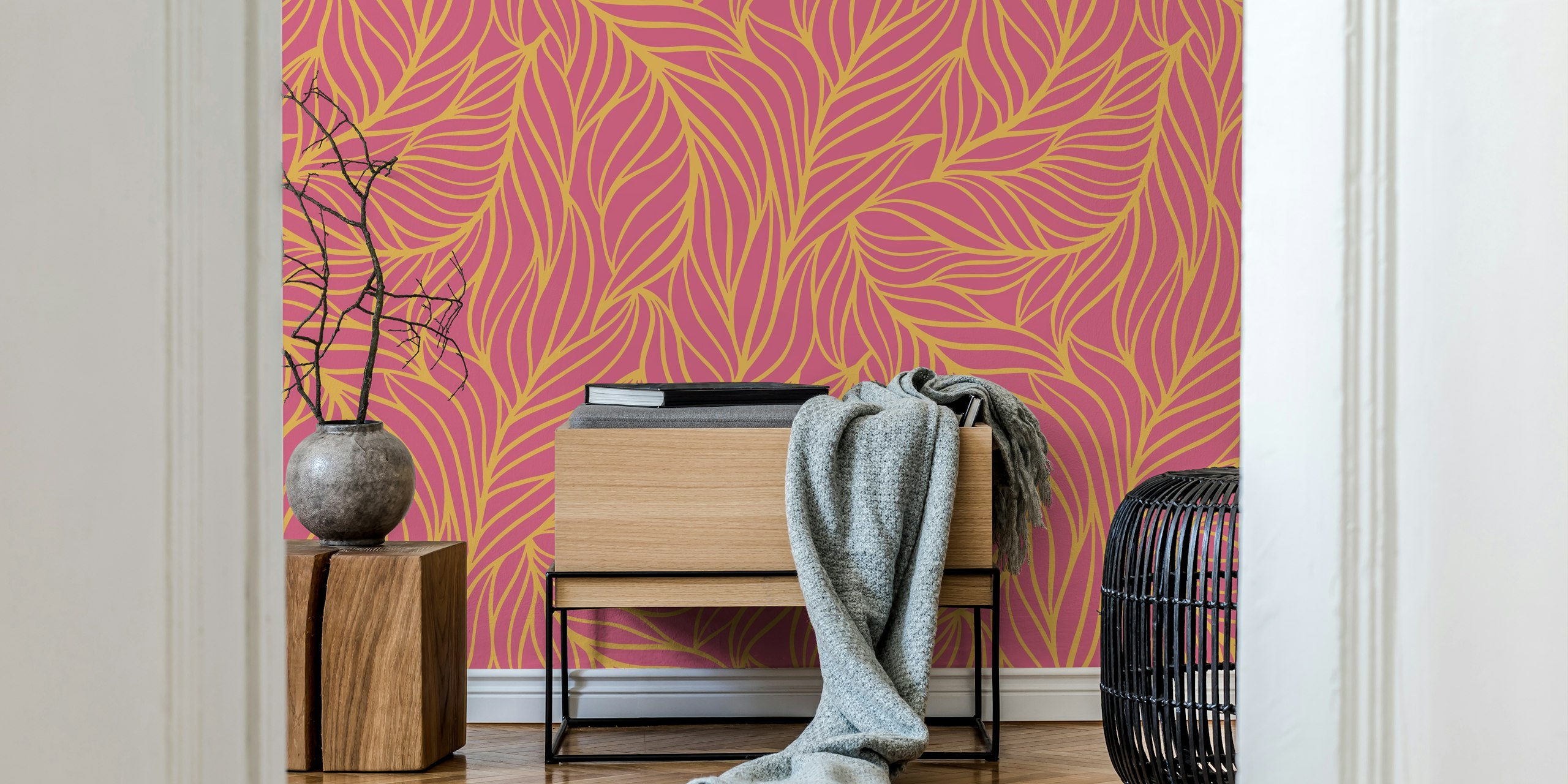 Minimalist flowing leaves in hot pink and yellow wallpaper