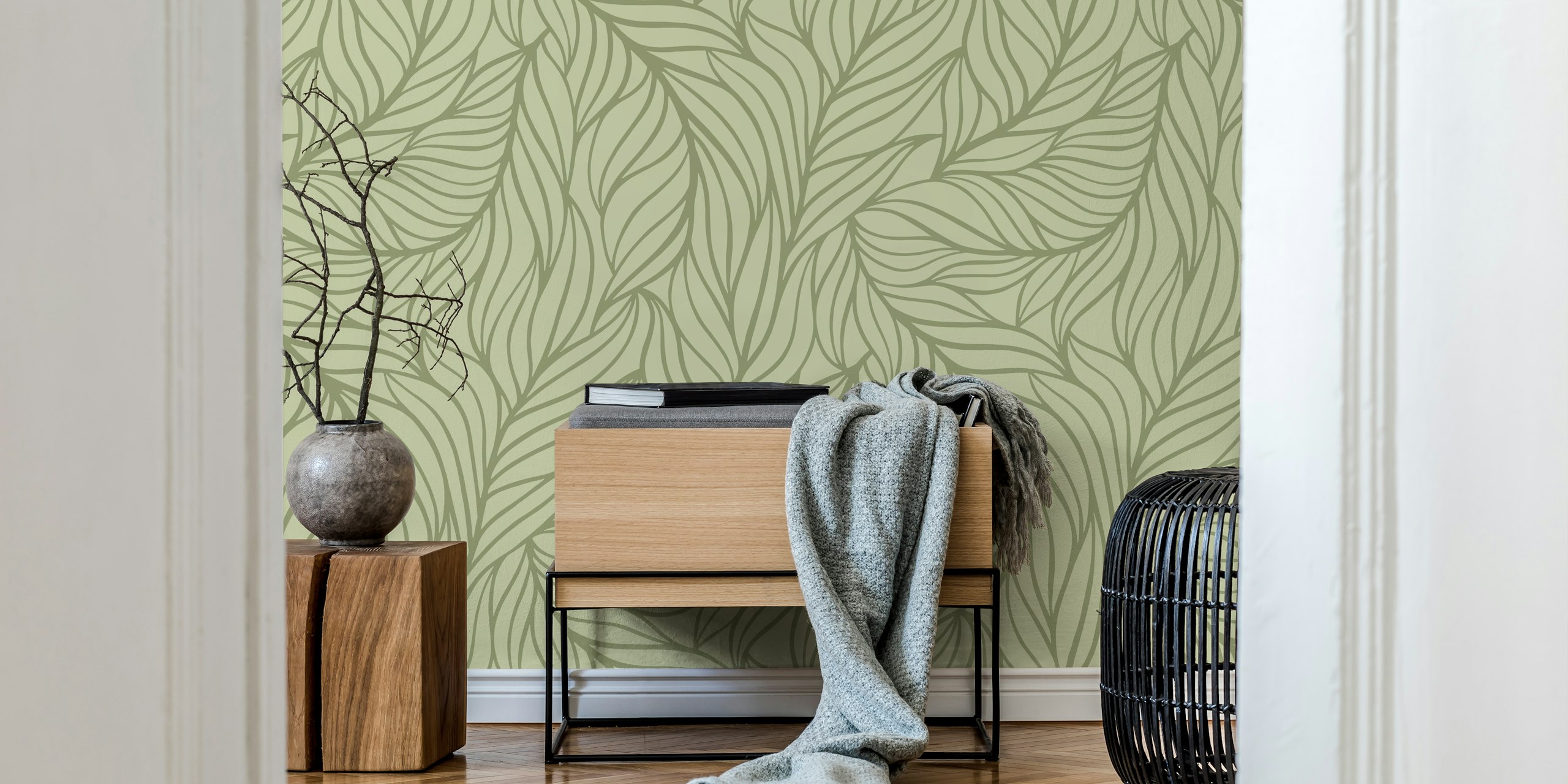 Leaves pattern in pistachio green color minimalist wallpaper