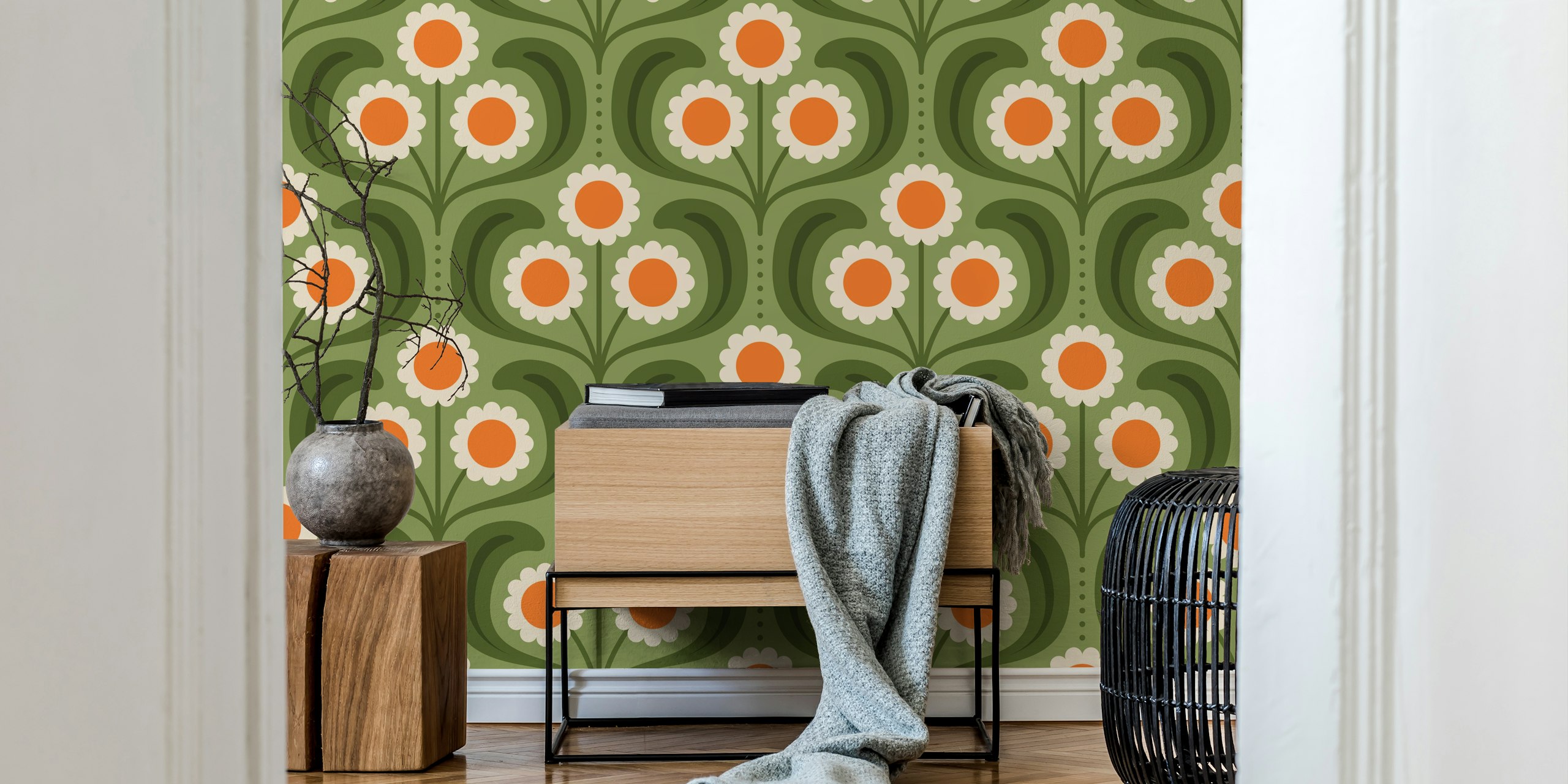 Groovy Daisy in Green Orange wallpaper in a room