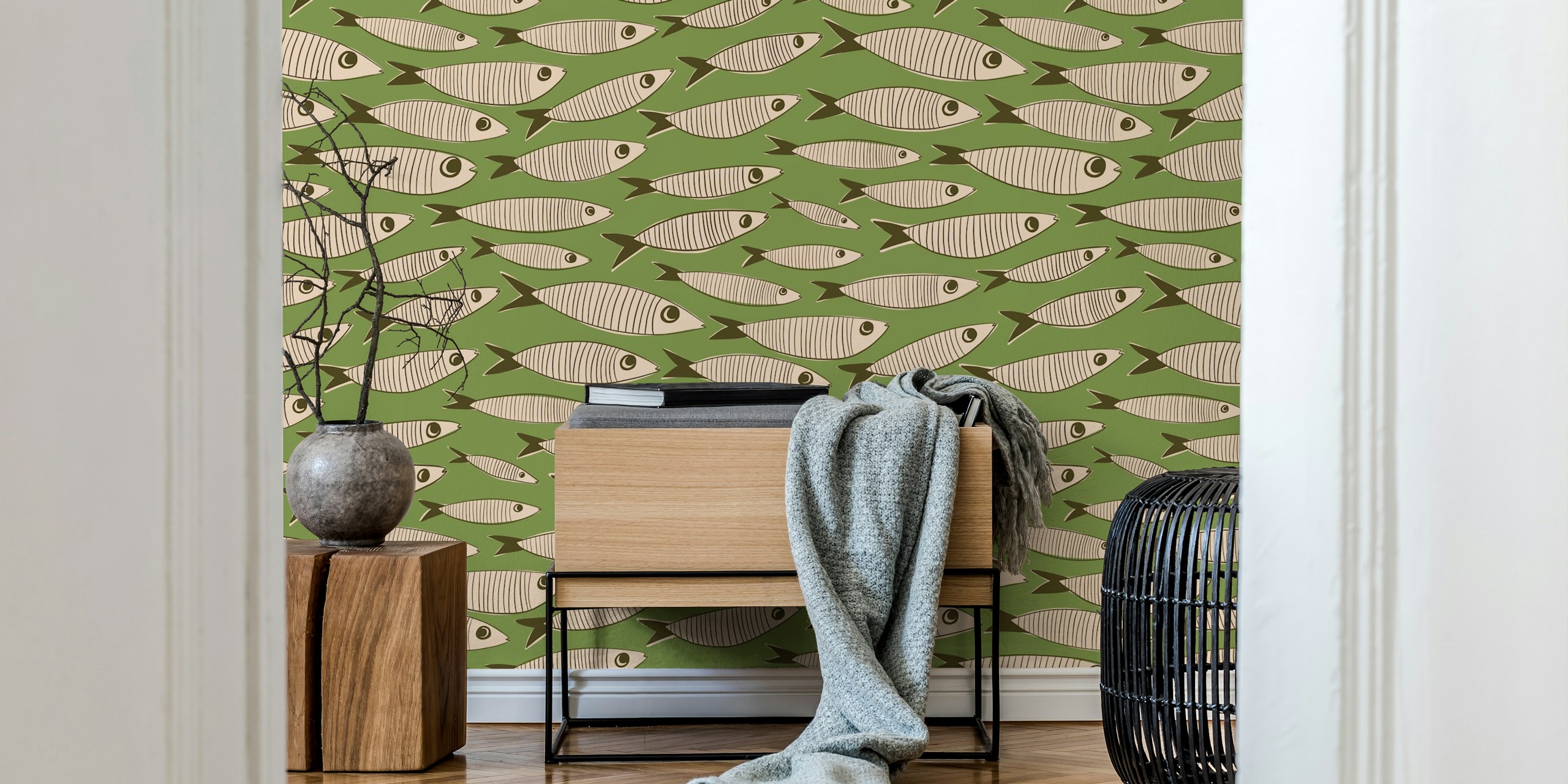 Motif de sardines stylisées sur fond vert, papier peint