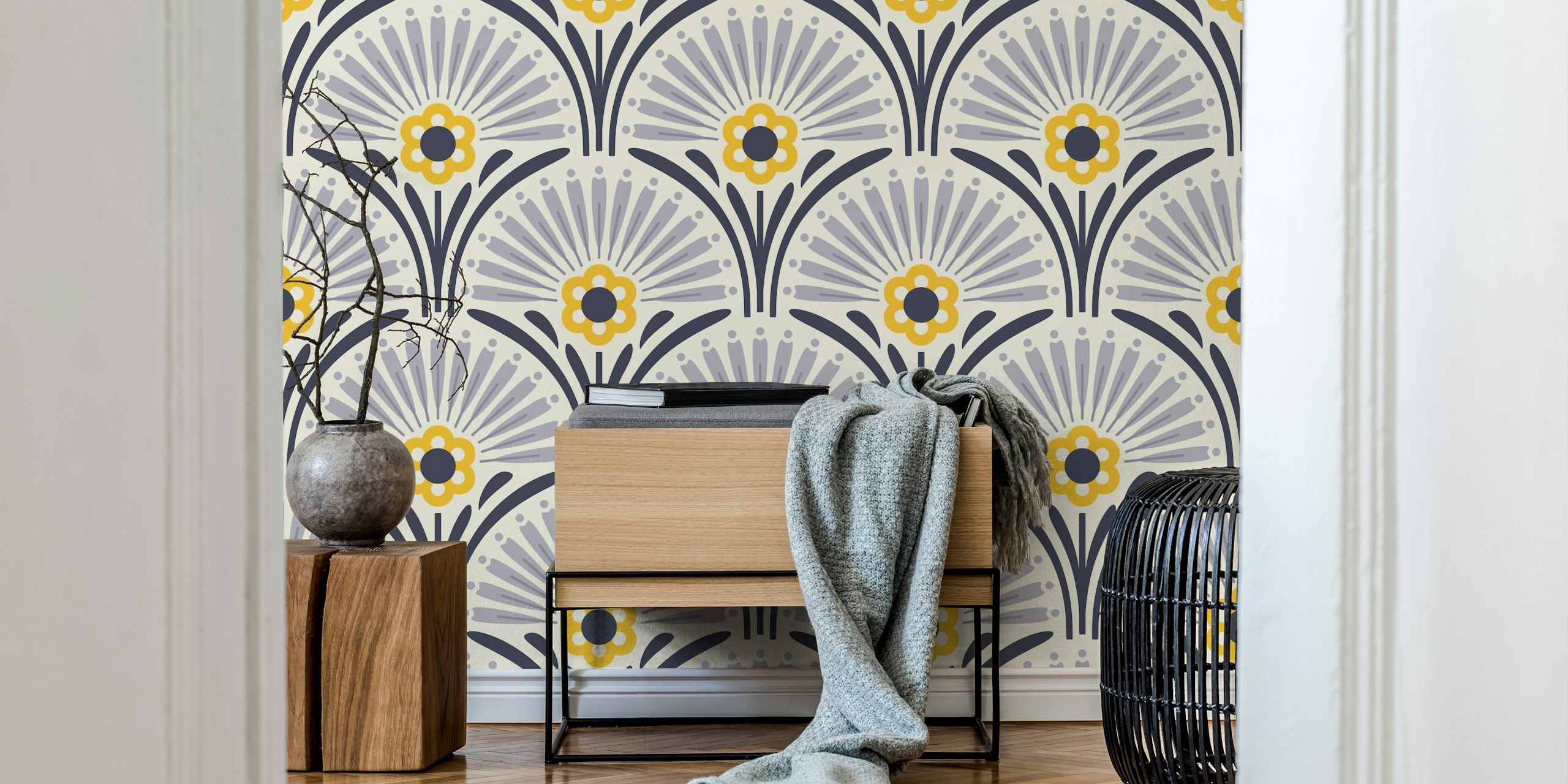 Floral scallop pattern wallpaper in gray, yellow, and black colors