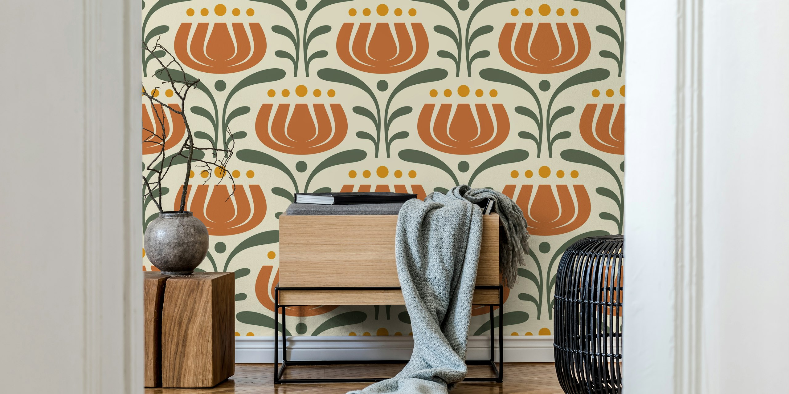 Stylish vintage tulips wallpaper in a room